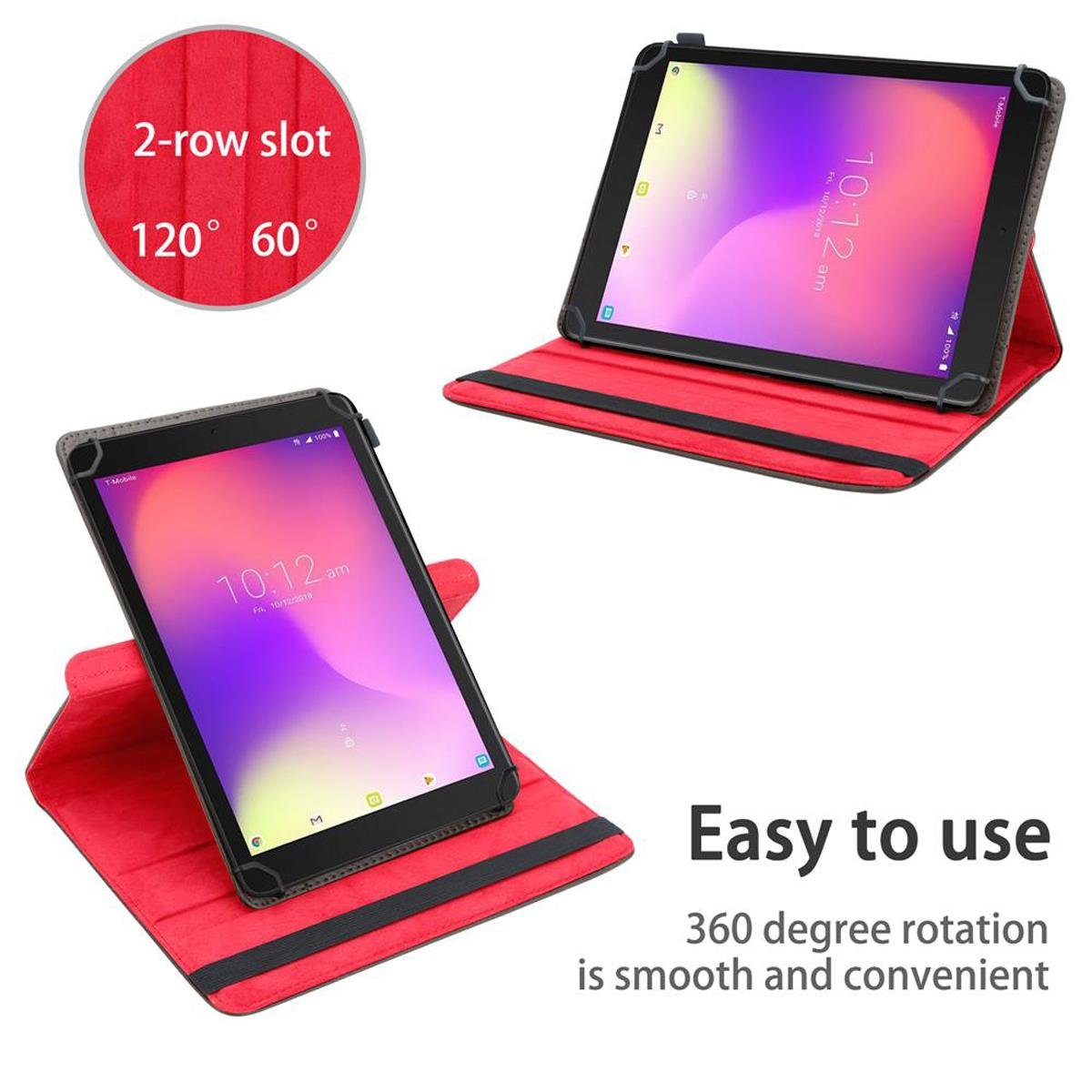 Zwei Tablets in roten Hüllen. Eines ist offen und abgewinkelt, das andere flach. Roter Kreis mit Text.