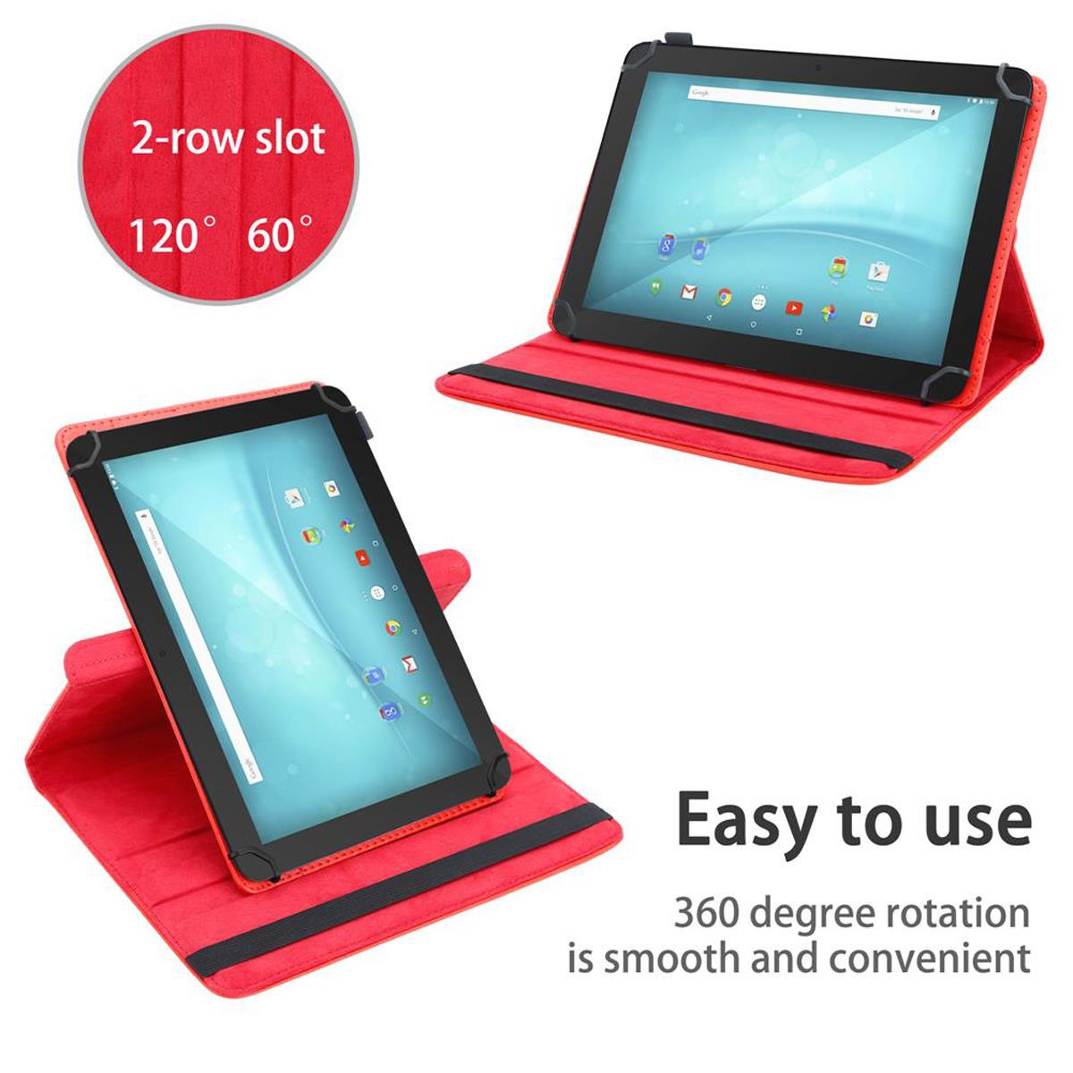 Due tablet rossi in custodie, ognuno con uno slot a 2 file regolabile a 120° o 60°.