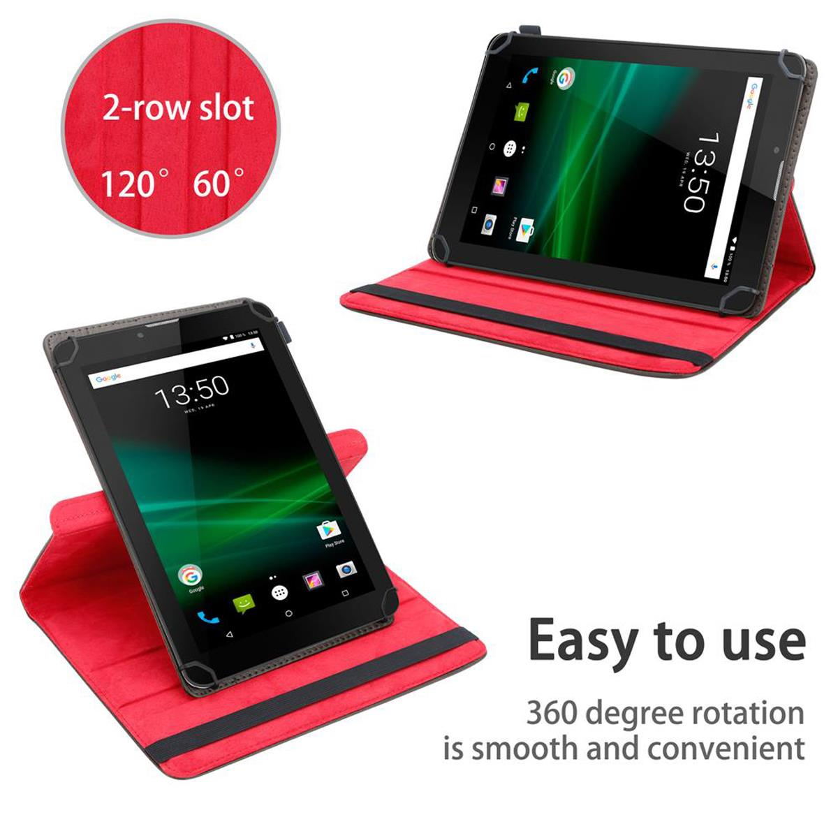 Zwei Tablets in roten Hüllen, eins gedreht, weißer Hintergrund.