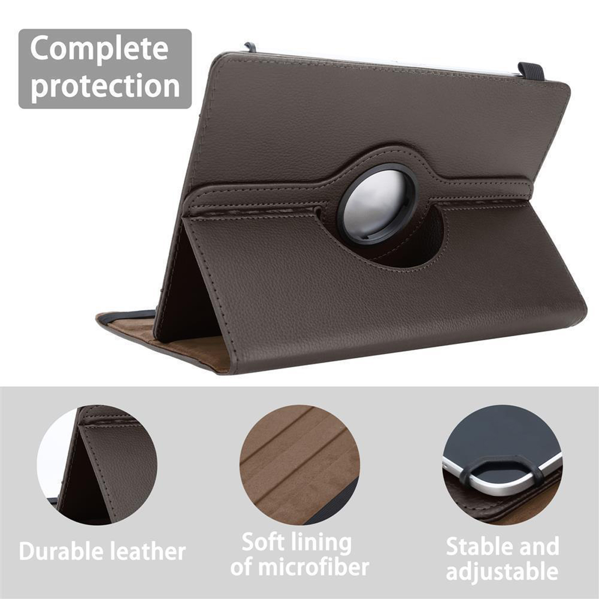 Braune Tablet-Hülle. Kompletter Schutz, haltbares Leder, weiches Futter und stabiler, verstellbarer Ständer.