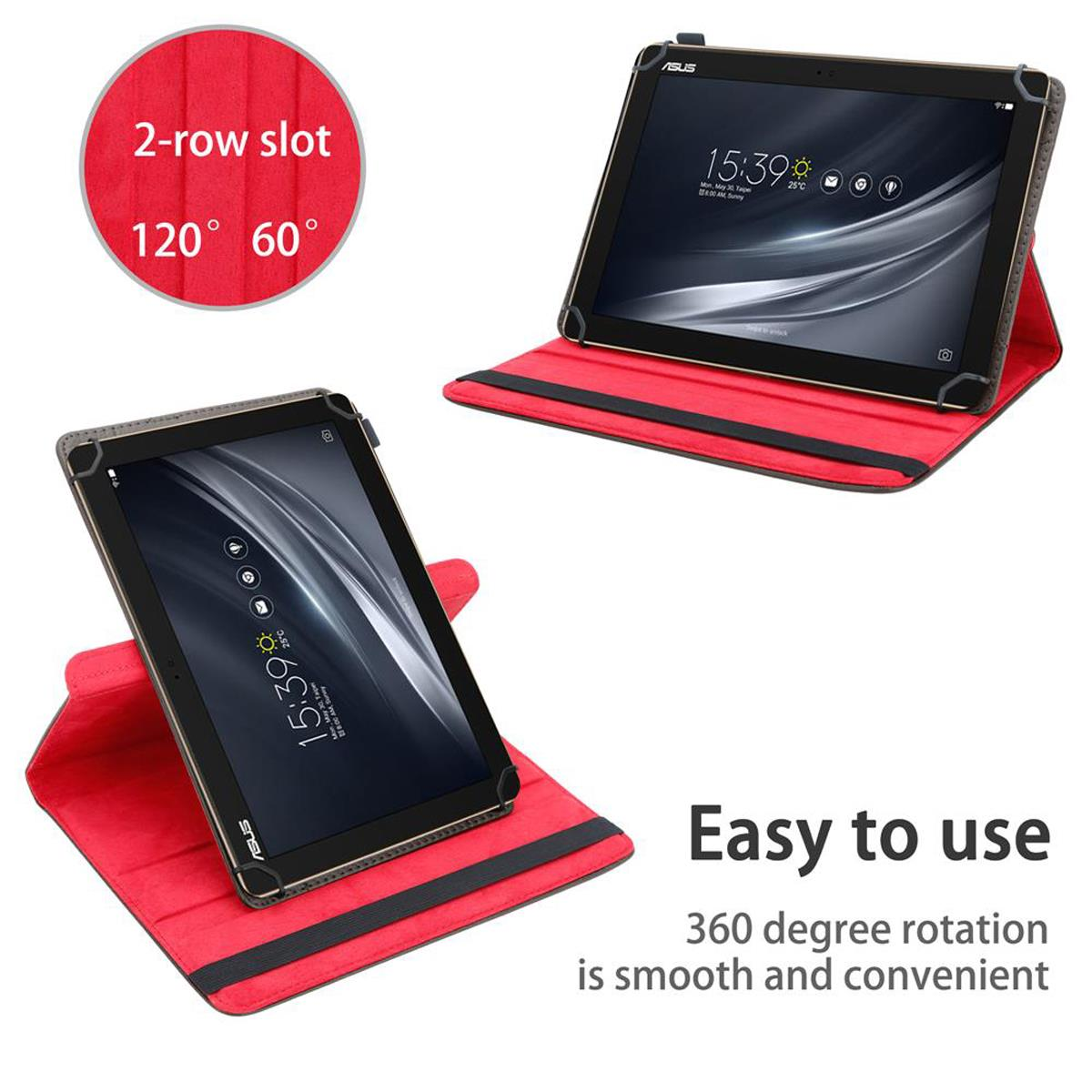 Tablets in roten Hüllen, mit Text über einfache Bedienung und 360-Grad-Drehung.