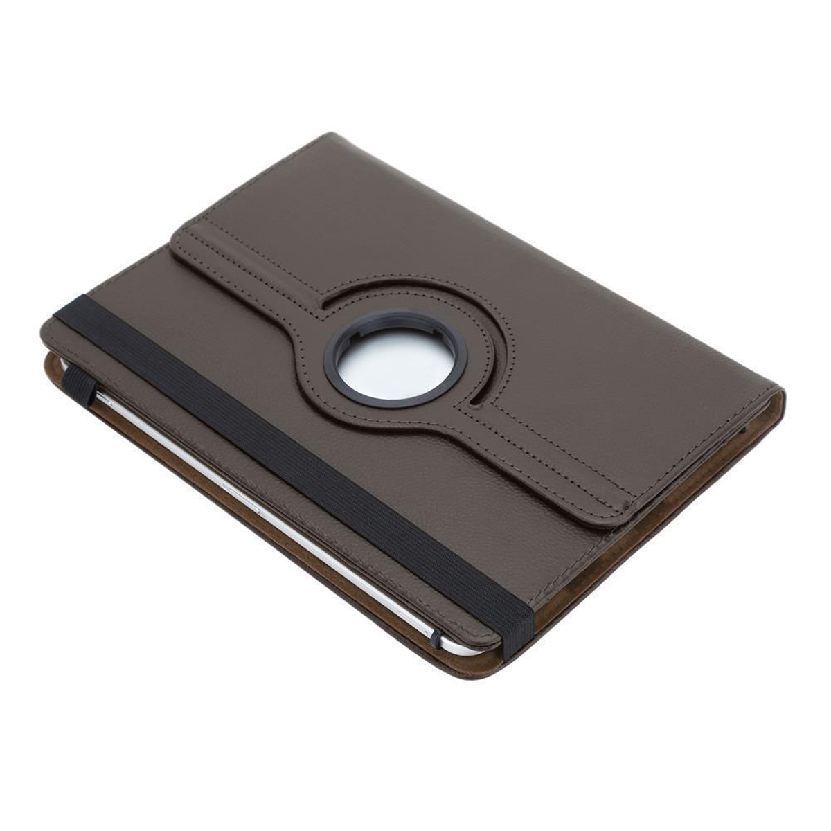 Eine braune Tablethülle mit einem schwarzen Gummiband und einem kreisförmigen Ausschnitt für die Kamera.