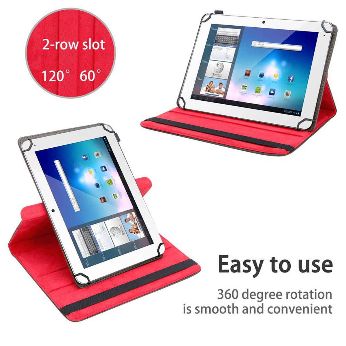 Tablets, Gehäuse offen. Rote Gehäuse. Text: Einfach zu bedienen. 360 Grad Drehung ist glatt.