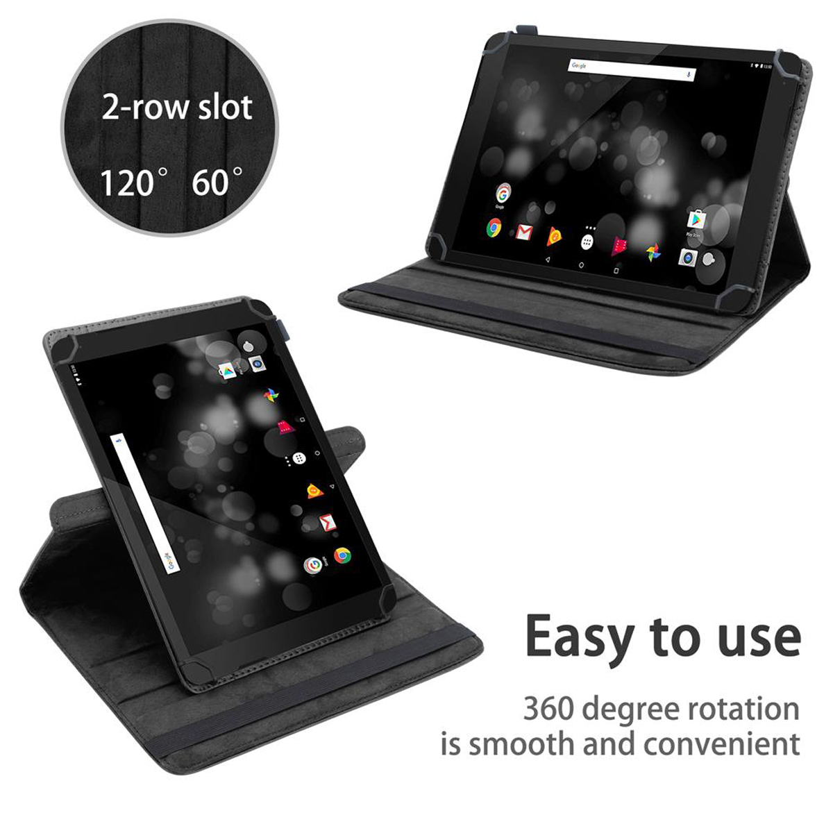 Tablets in einer Hülle, abgewinkelt. Die Hülle ist schwarz. Text sagt 'Einfach zu bedienen' und '360 Grad Drehung'.