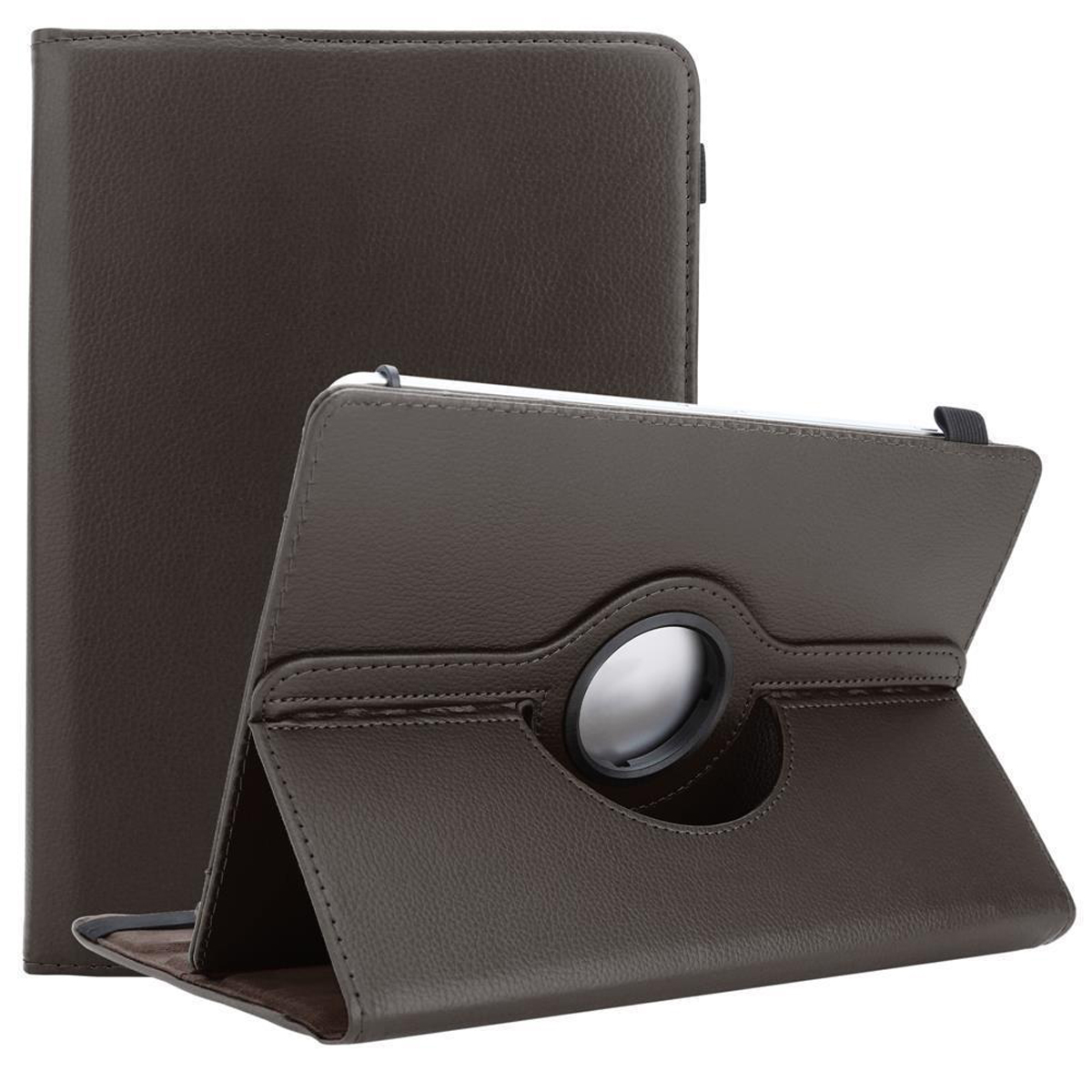 Braune Tablethülle, geöffnet, mit Tablet. Dunkelbraun.