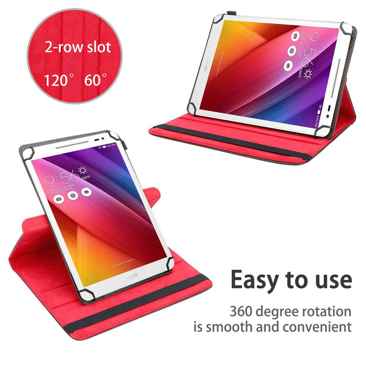 Zwei Tablets in roten Hüllen, mit dem Text 'Einfach zu bedienen' und '360-Grad-Drehung'.