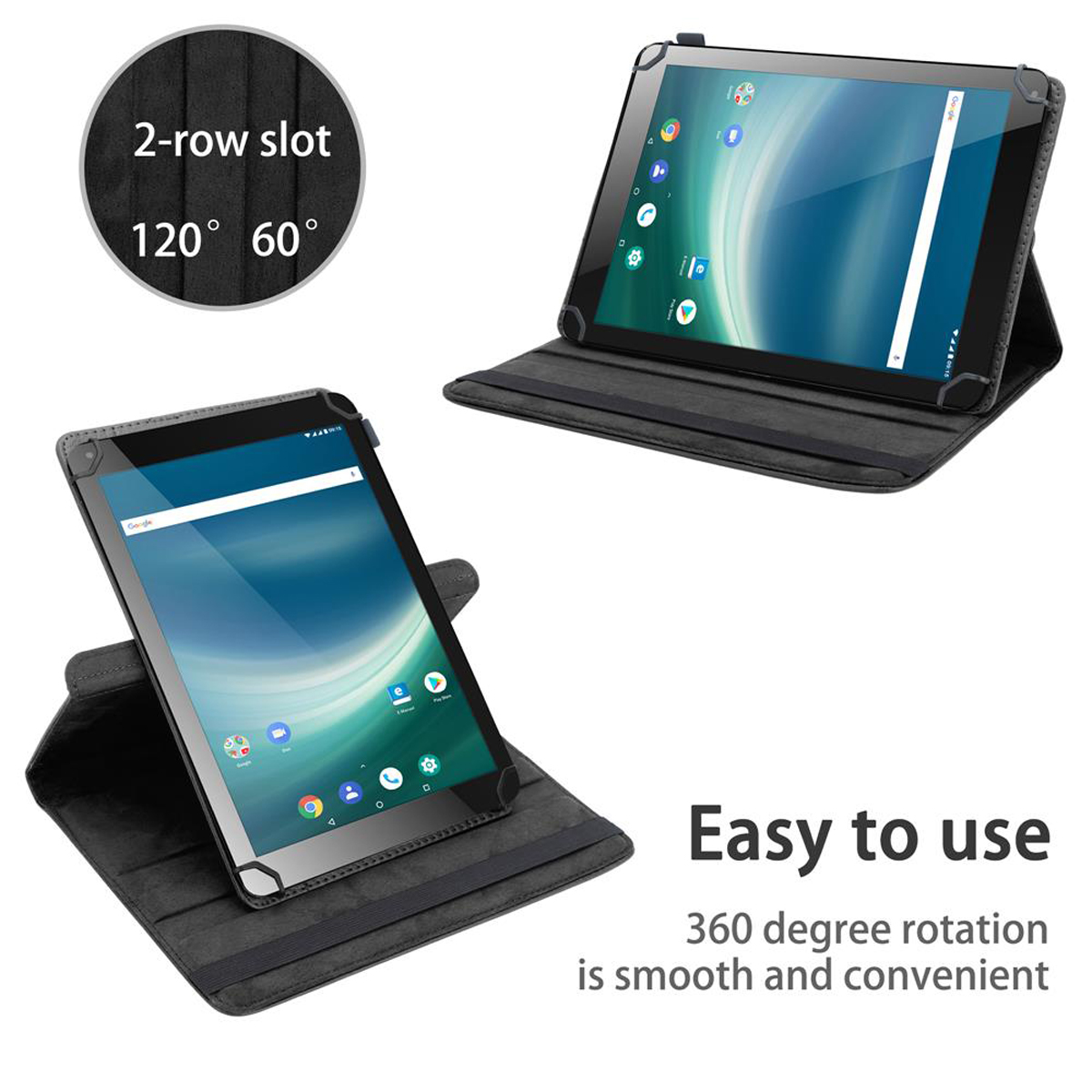 Tablets in schwarzen Hüllen, einfach zu bedienen. 360-Grad-Drehung. Zwei-Reihen-Schlitz: 120° & 60°.