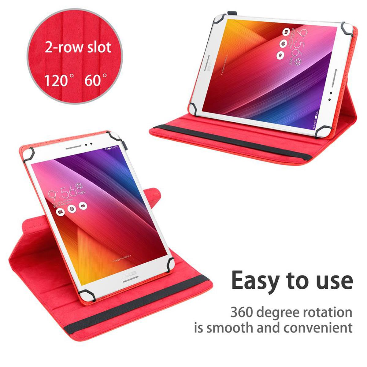Rote Tablet-Hülle, zwei Tablets in verschiedenen Positionen, mit 360-Grad-Drehfunktion, einfach zu bedienen.