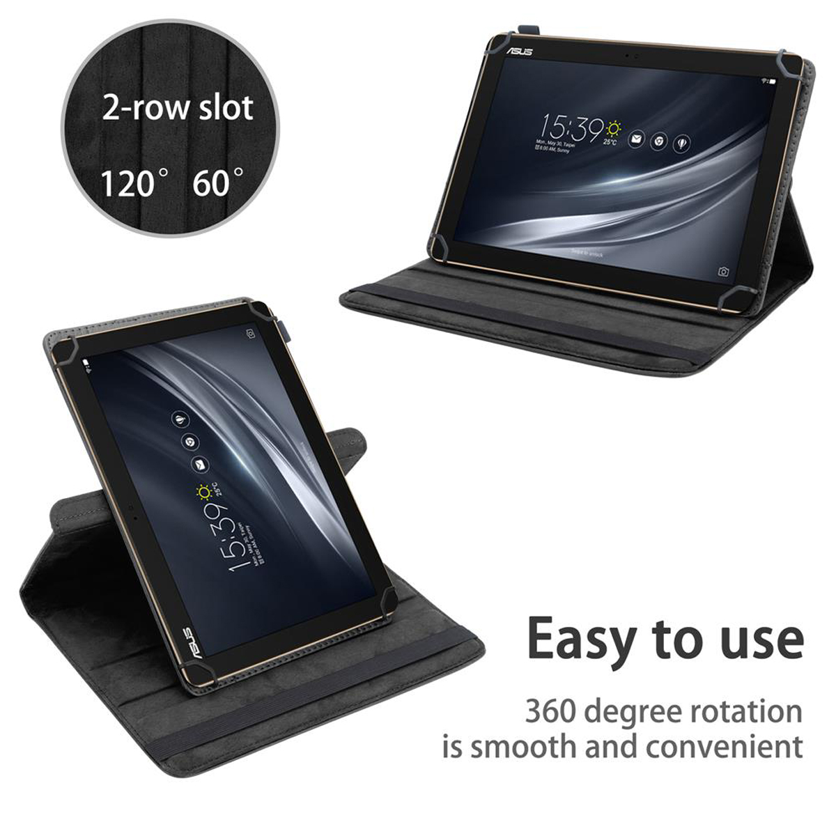 Tablets in Hüllen. Die Hüllen haben einen 2-reihigen Schlitz und der Text 'Easy to use' ist sichtbar.