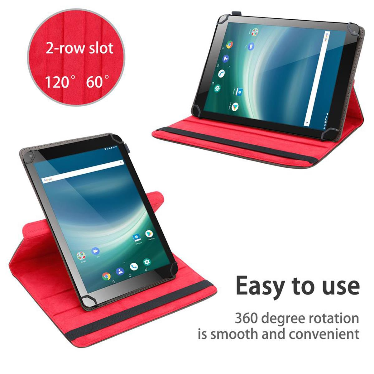 Zwei Tablets in roten Hüllen, zeigen Tablet-Bildschirme. Text: "Einfach zu bedienen."