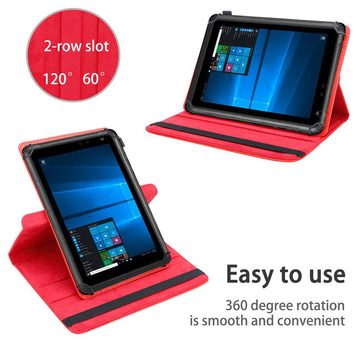 Rote Tablethülle mit Tablet, in zwei Winkeln. Text: 'Einfach zu bedienen'.