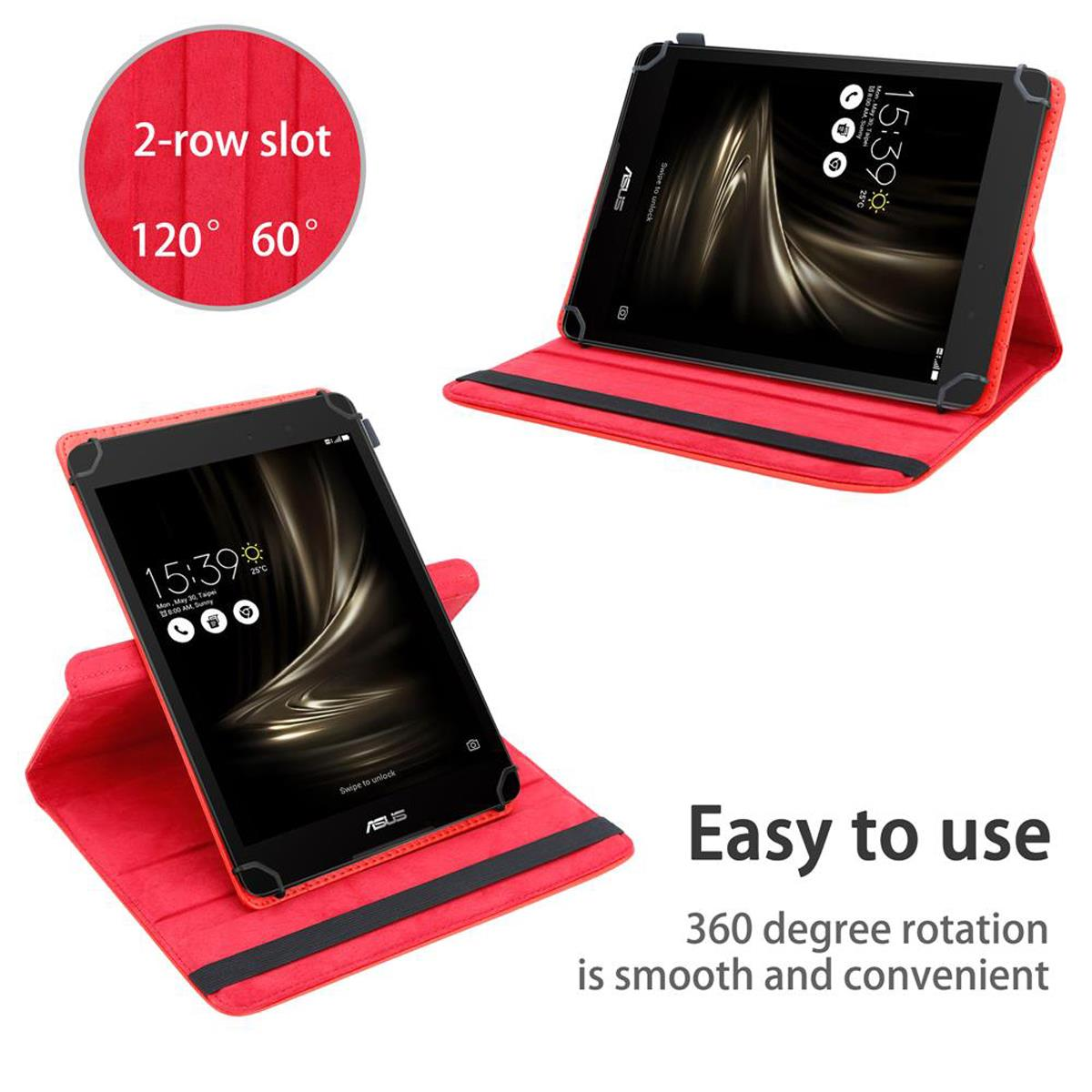 Rotes Tablet in roter Hülle. Text: Einfach zu bedienen, 360-Grad-Drehung ist glatt und bequem.