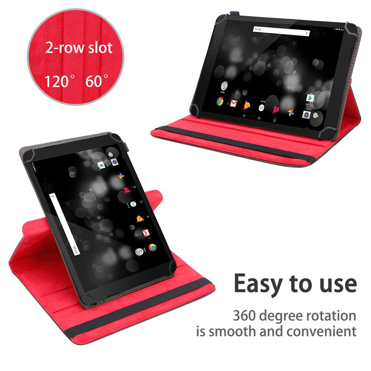 Tablets in roten Hüllen mit Bildschirmanzeigen. Text: Einfach zu bedienen. 360 Grad Drehung ist sanft.