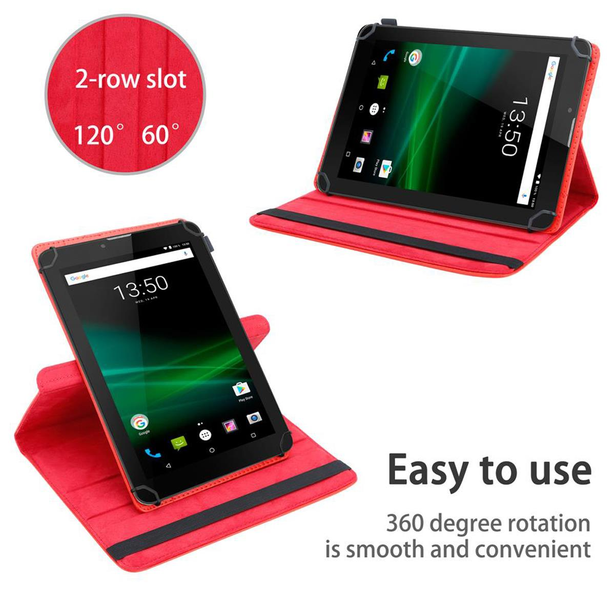 Zwei Tablets in roten Hüllen, eines offen, mit Text: Einfach zu bedienen.