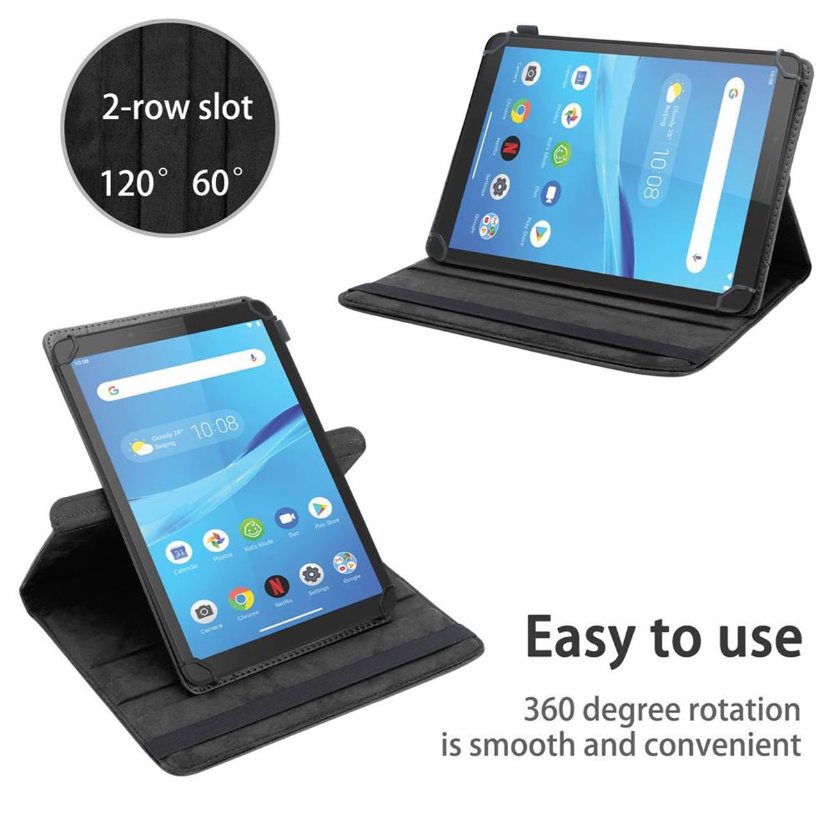 Tablets in Hüllen, schwarz. Eine offen, eine geschlossen. Einfach zu bedienen, 360-Grad-Drehung ist glatt und bequem.