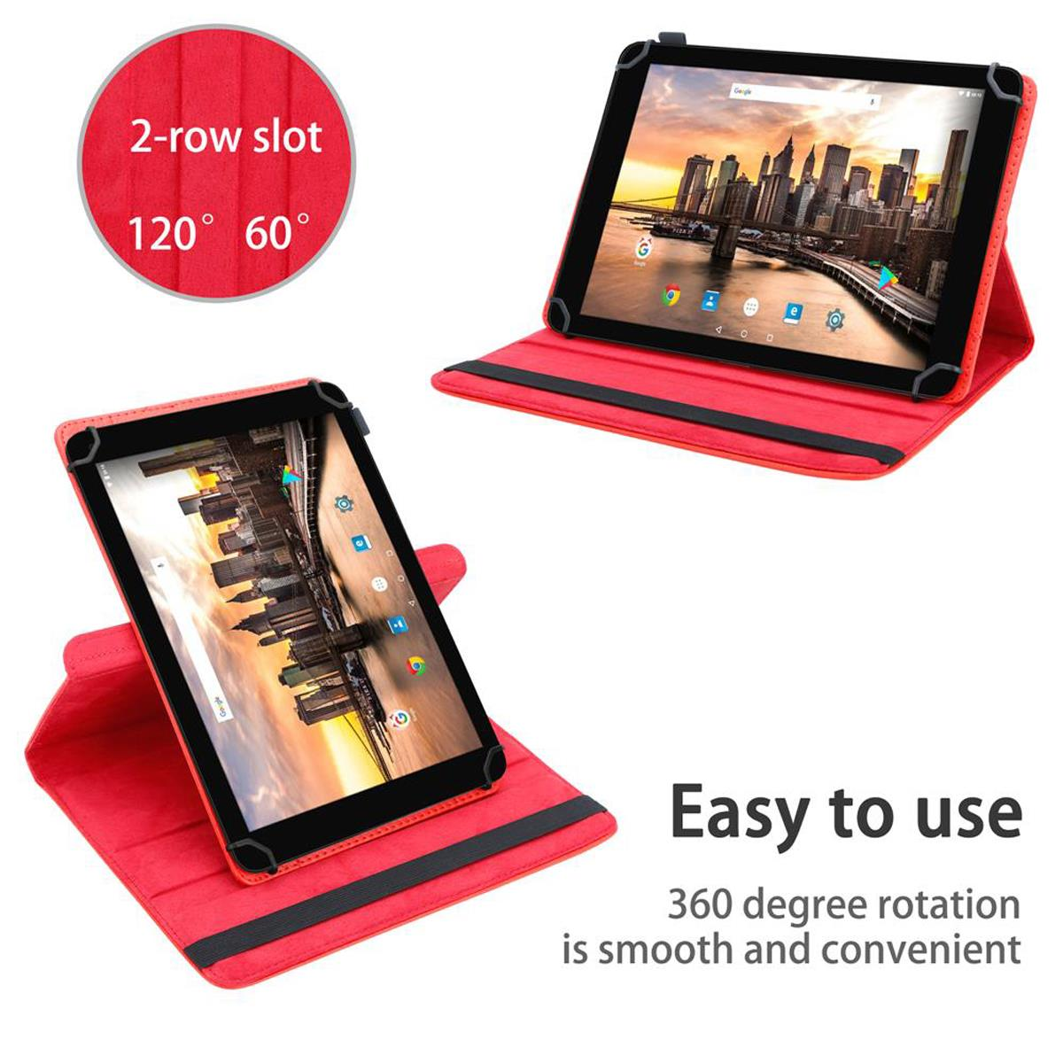 Zwei Tablets in roten Hüllen, eines offen und eines geschlossen, mit einem kreisförmigen Etikett.