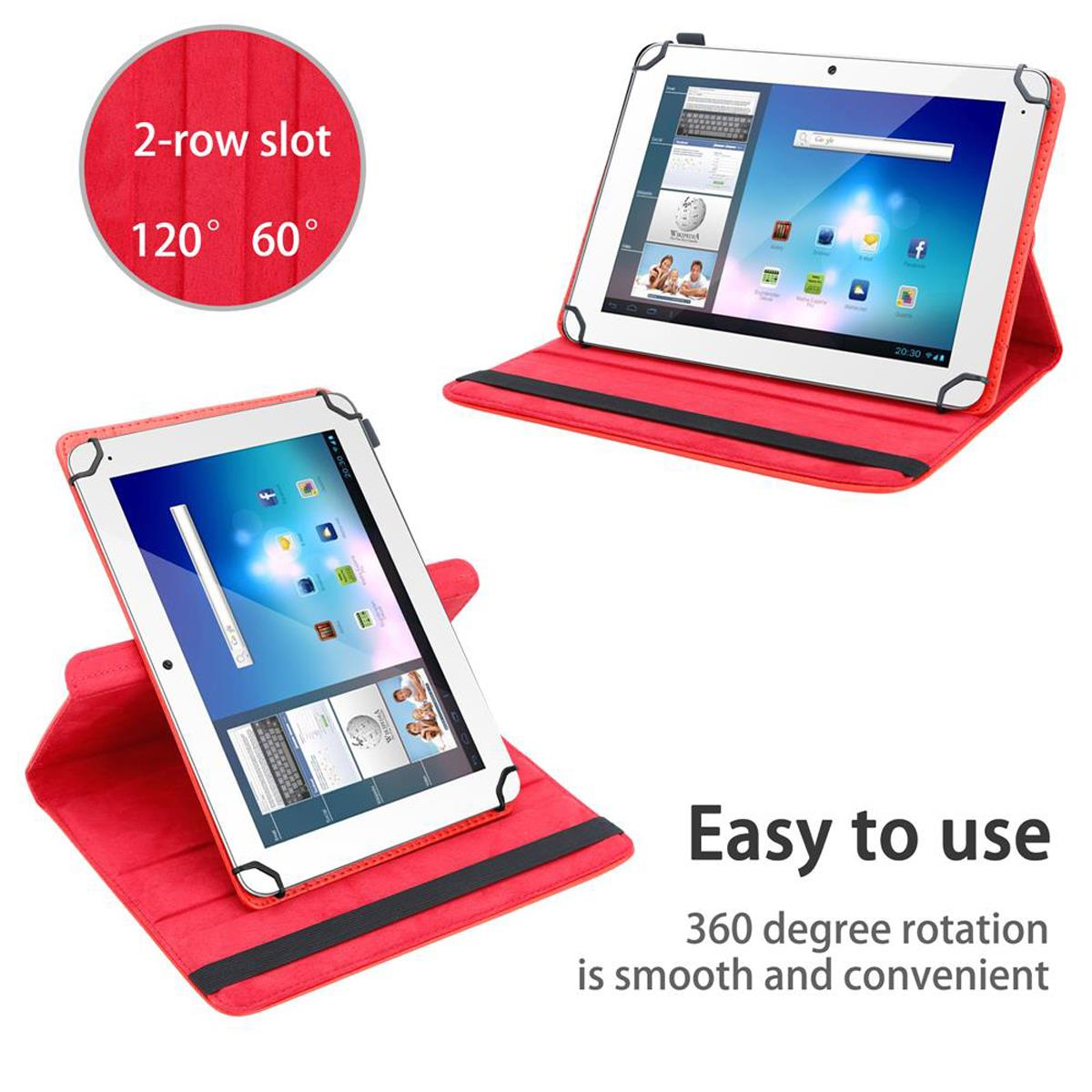 Zwei Tablets in roten Hüllen, eins offen, eins angewinkelt, mit Text auf Weiß.