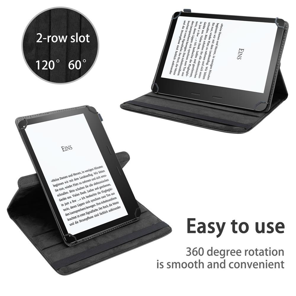 Zwei E-Reader in einem Etui, einer geöffnet, mit Text. Text sagt: 'Einfach zu bedienen'.