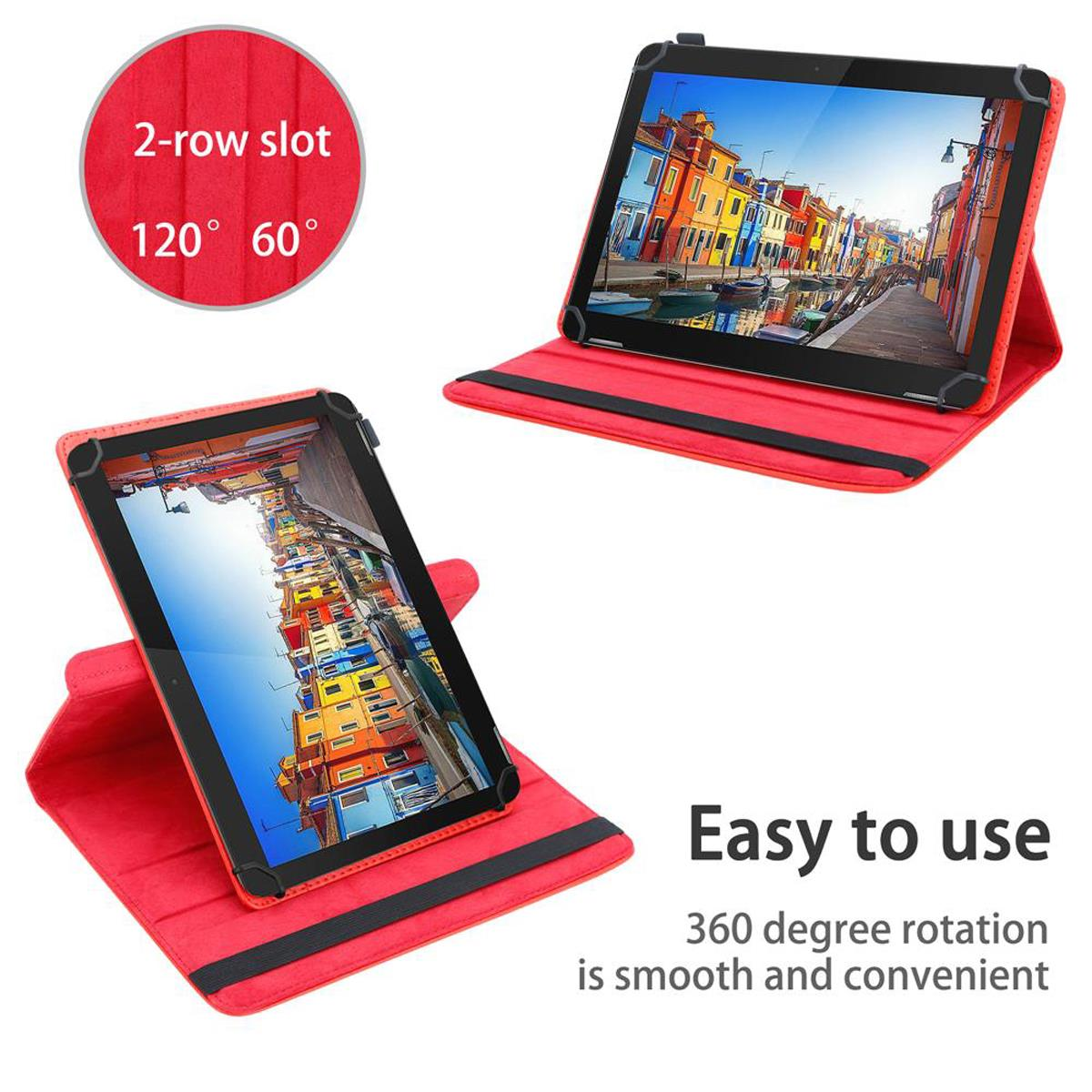 Zwei rote Tablet-Hüllen, eine offen und eine gefaltet, mit einem Bildschirm, der farbenfrohe Häuser zeigt, auf weißem Hintergrund.