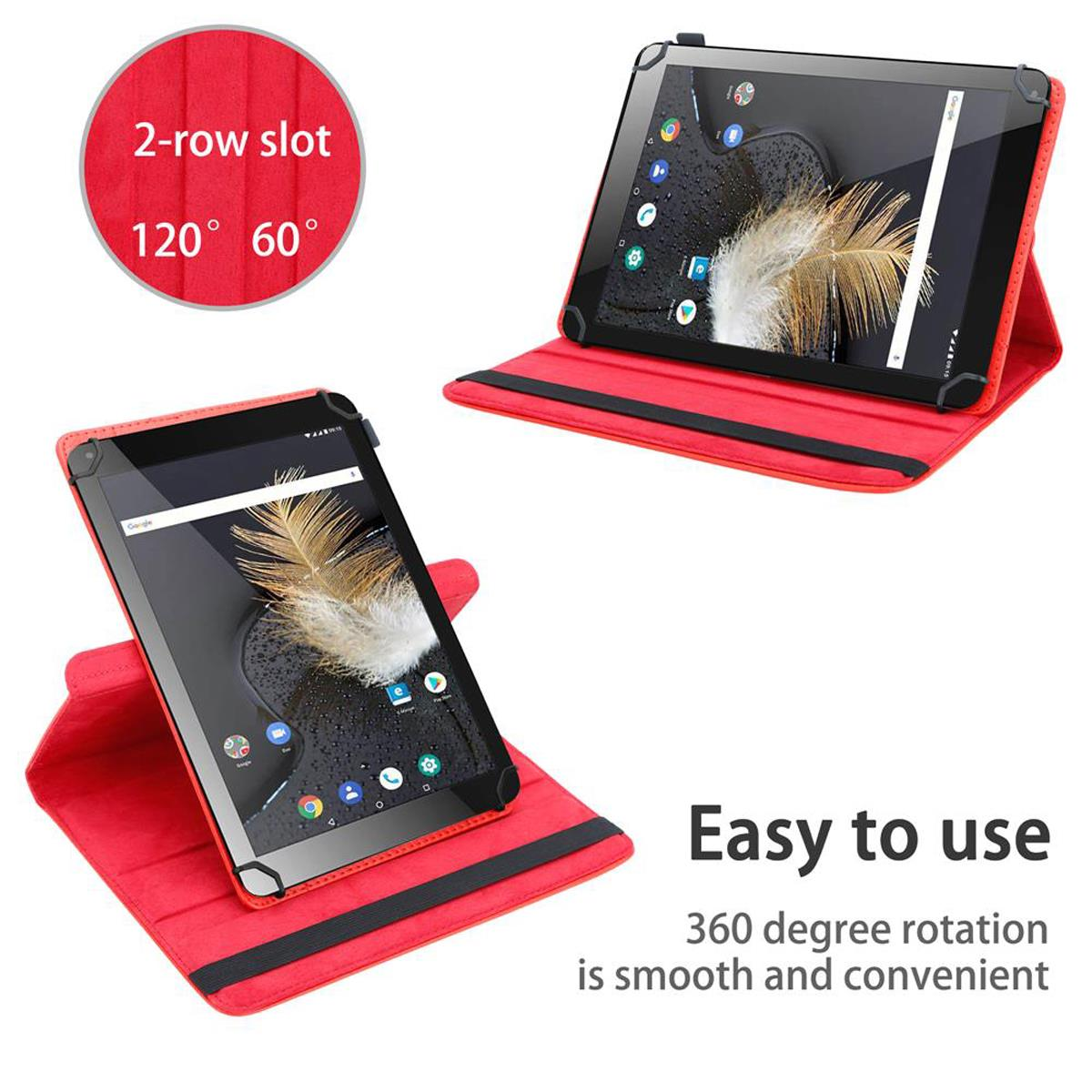 Zwei Tablets auf roten Hüllen, eines schräg. Text lautet: 'Einfach zu bedienen' und '360-Grad-Drehung'.