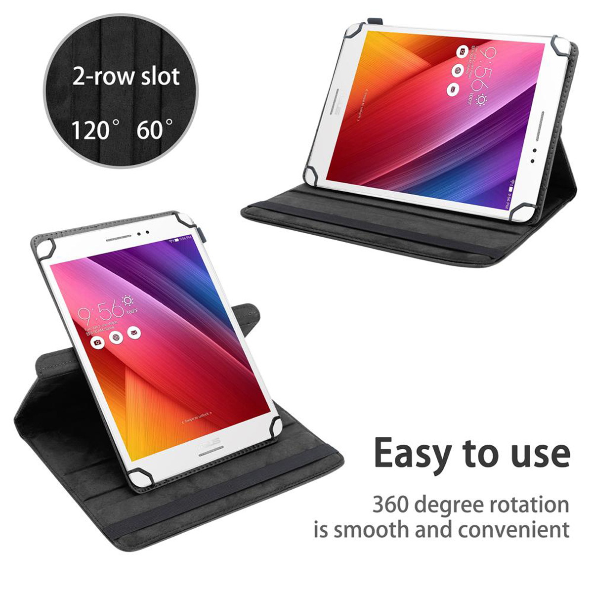 Zwei Tablets in Hüllen. Eines zeigt einen bunten Bildschirm, das andere ist geschlossen, Text: Einfach zu bedienen.