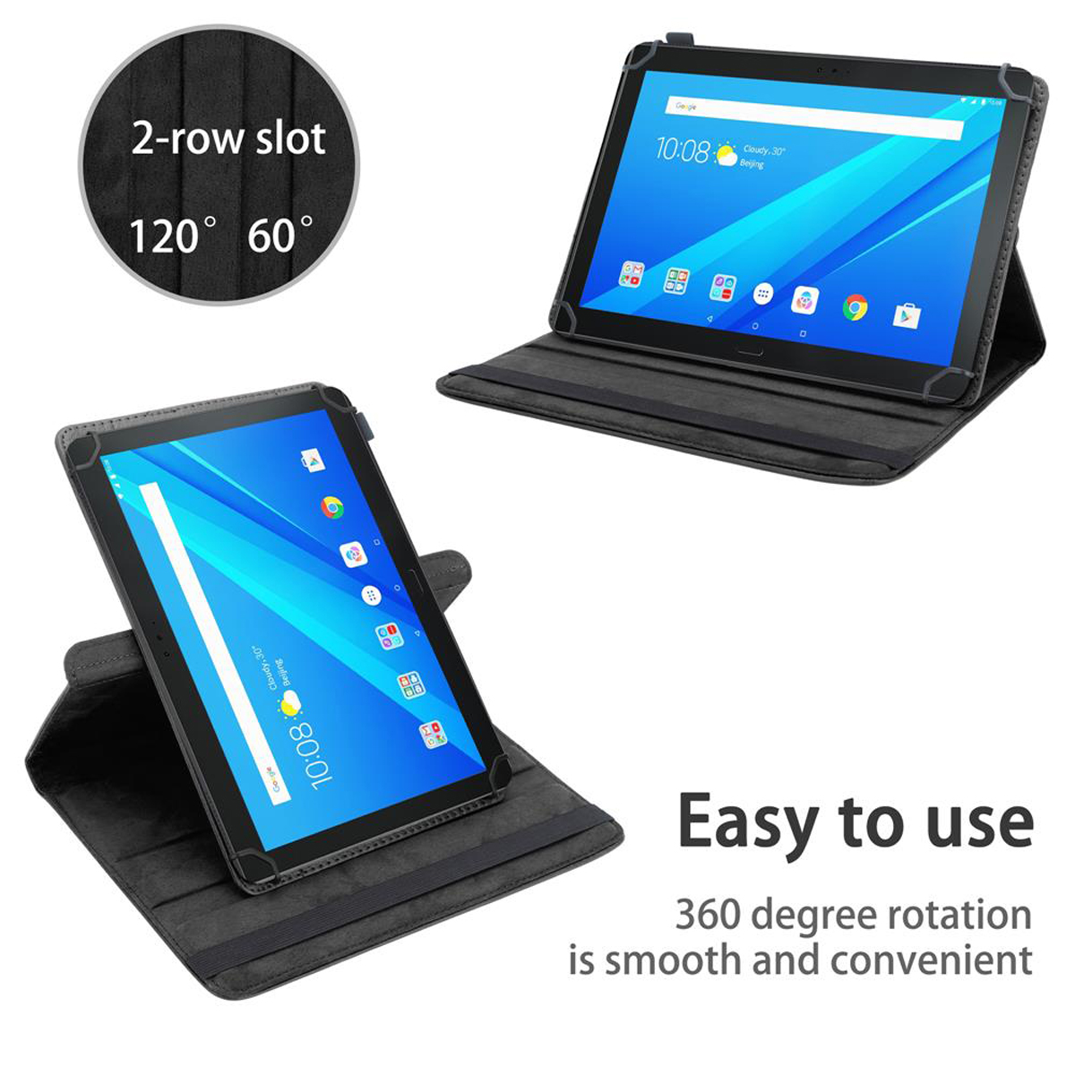 Tablets in geöffneten Hüllen. Der Bildschirm zeigt Zeit, Wetter und App-Symbole.