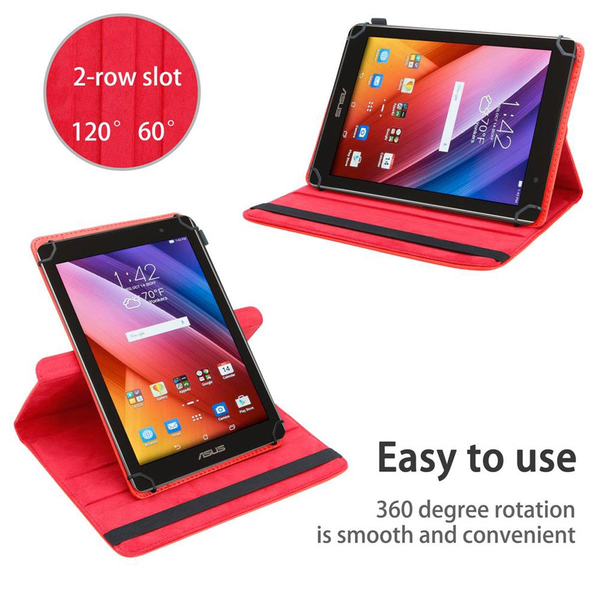 Zwei Tablets in roten Hüllen. Eines ist abgewinkelt geöffnet, das andere flach. Der Text lautet 'Einfach zu bedienen'.