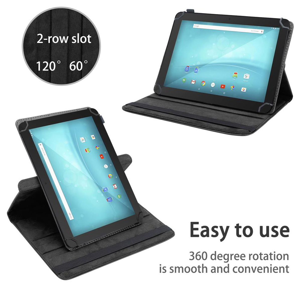 Tablet in custodia. Due tablet in posizioni diverse. Testo: 'Facile da usare'. La rotazione è facile.