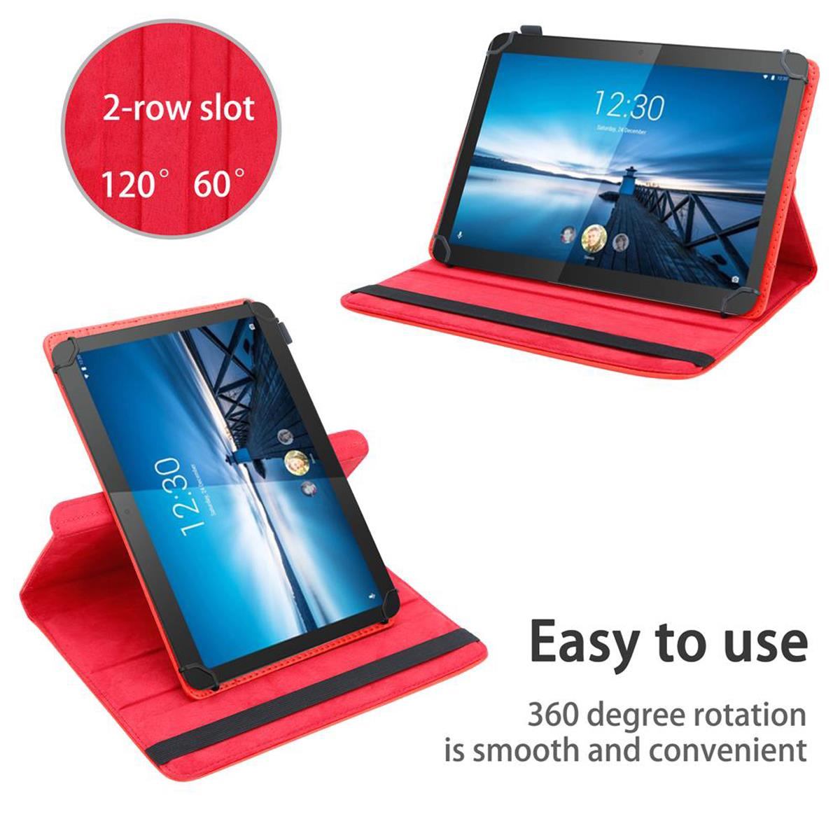 Zwei Tablets mit roten Hüllen. Eines zeigt die Uhrzeit. Text: „Einfach zu bedienen“.