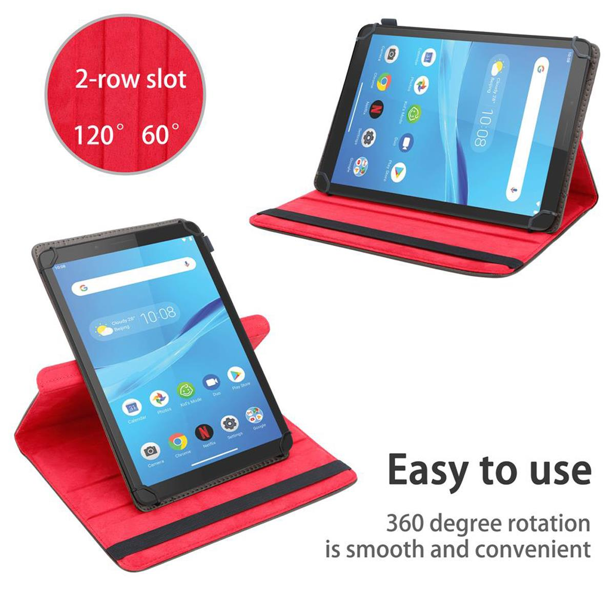 Tablet in roter Hülle, beidseitig geöffnet. Zeigt Bildschirm mit Apps. Text: Einfach zu bedienen.
