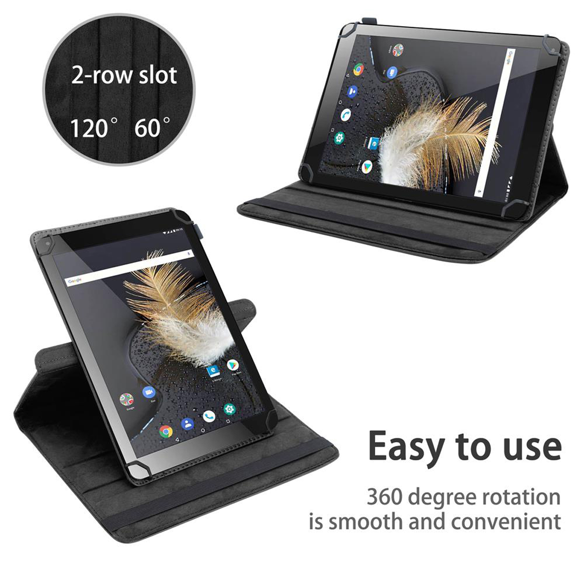 Zwei Tablets in Hüllen, eines zur Benutzung geöffnet. Das Bild hebt die Funktionen und das Design des Tablets hervor.