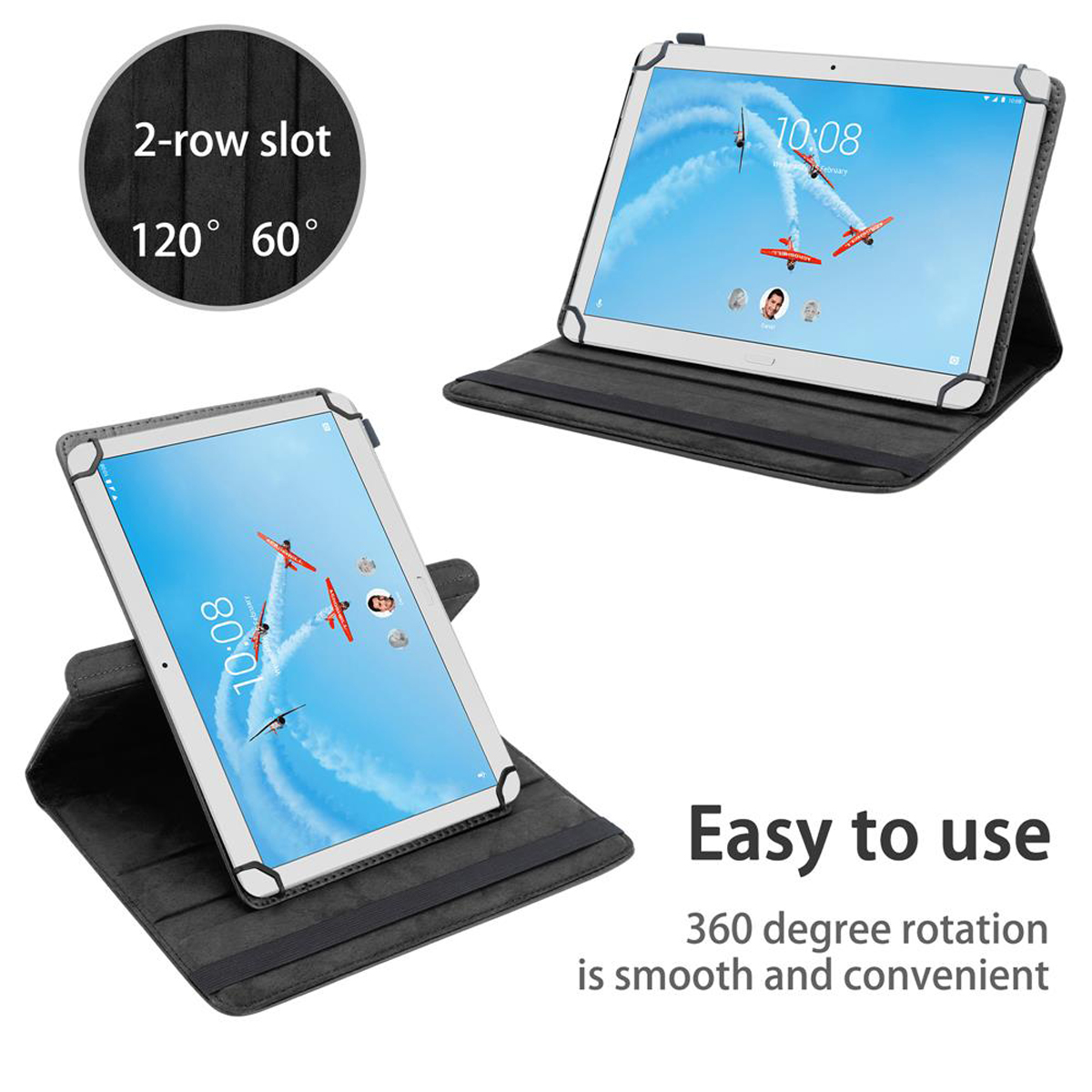 Tablets in grauem Case, Tablet im Gebrauch. Text: Einfach zu bedienen.