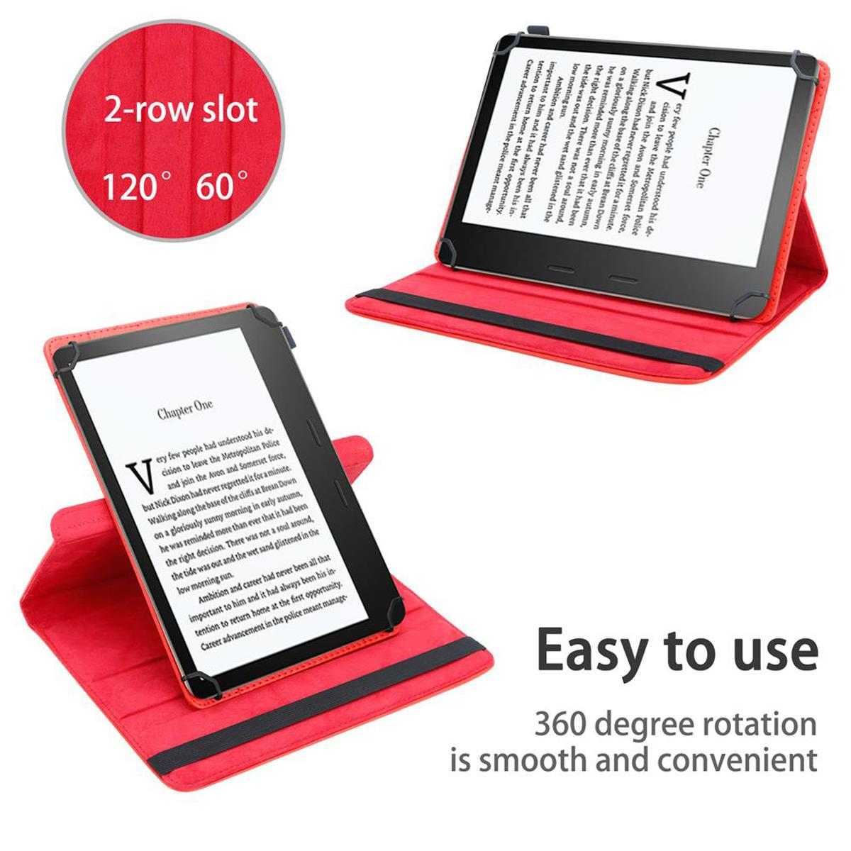 Funda roja para lector electrónico abierta, rotación de 360 grados, texto visible.