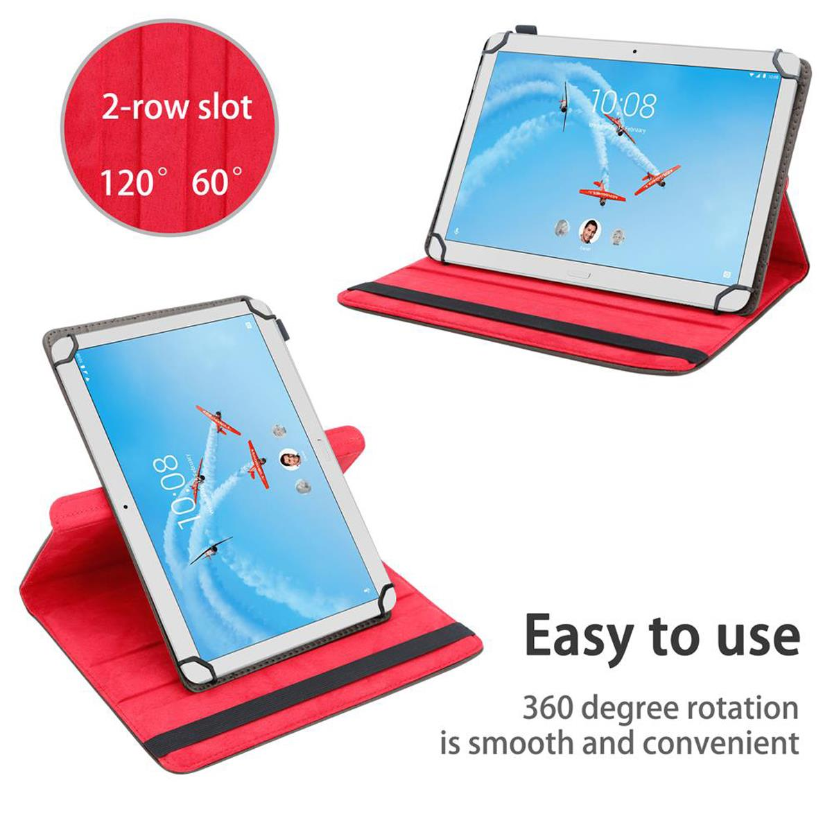 Rote Tablethülle, 360-Grad-Drehung zeigend. Tablet-Anzeigen sind sichtbar, mit Flugzeugen auf dem Bildschirm.
