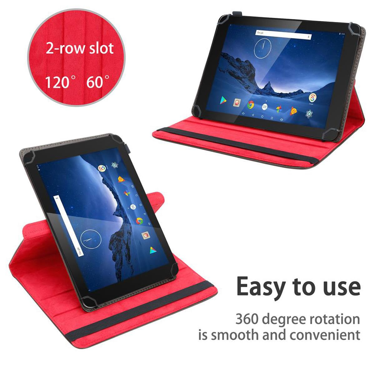 Zwei Tablets in roten Hüllen, die einen Bildschirm mit App-Oberfläche und eine Hülle zeigen, die das Tablet unterstützt.