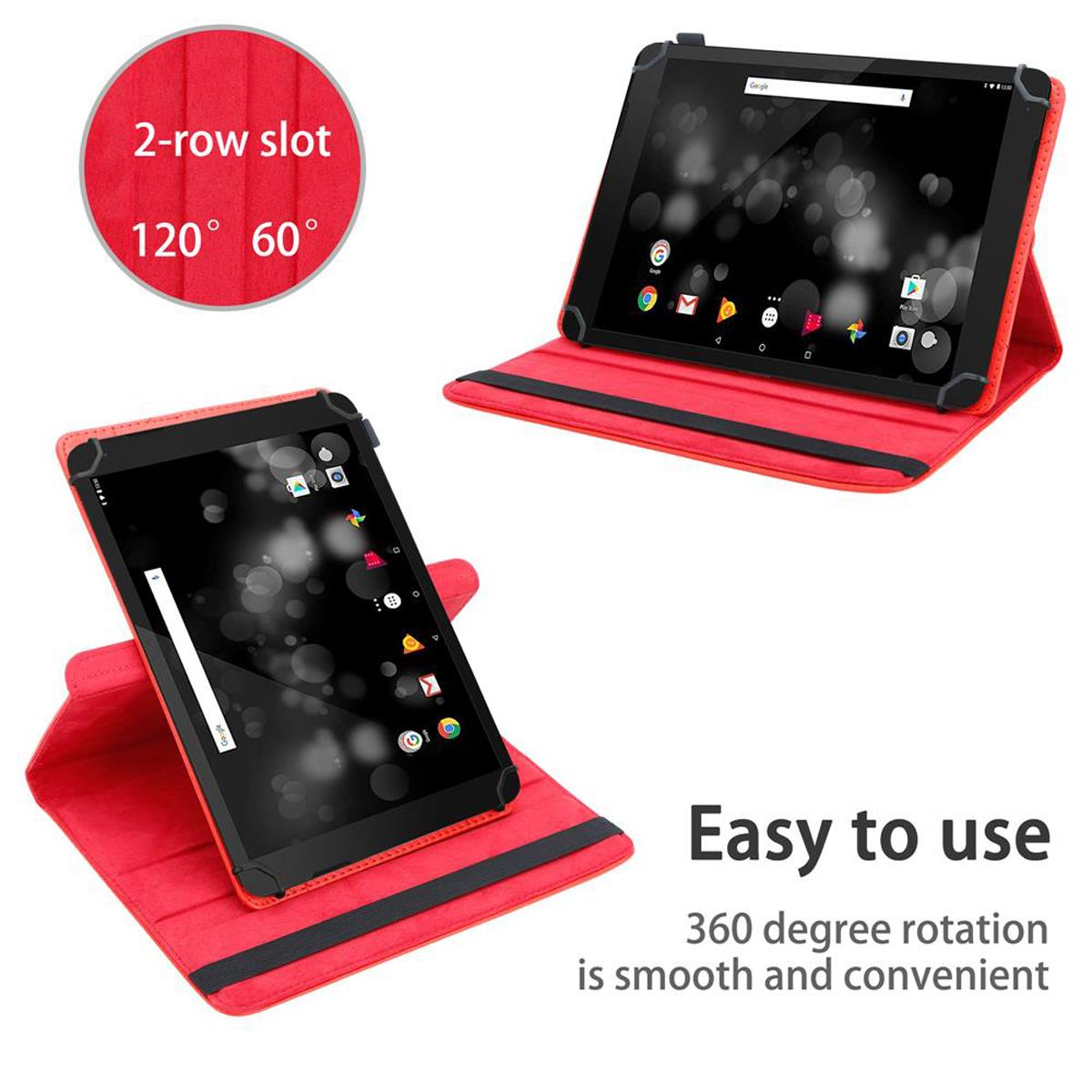 Zwei Tablets in roten Hüllen, eines offen, eines geschlossen. Grafiken zeigen einfache Bedienung und 360° Drehung.