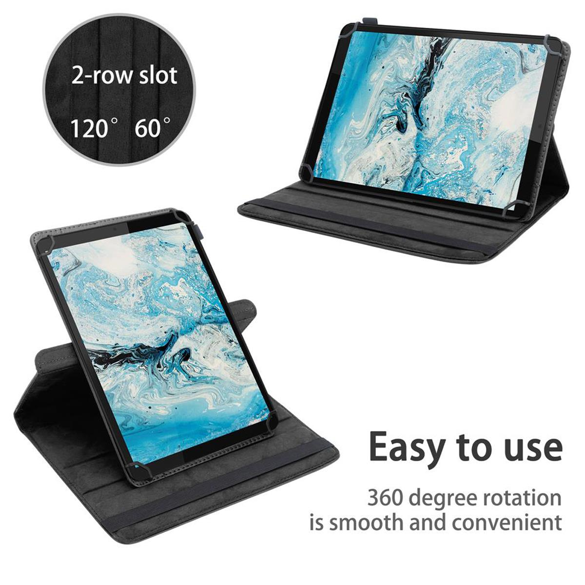 Tablets in einem Etui, eines geöffnet, das andere geschlossen. Text: 'Einfach zu bedienen. 360° Drehung.'