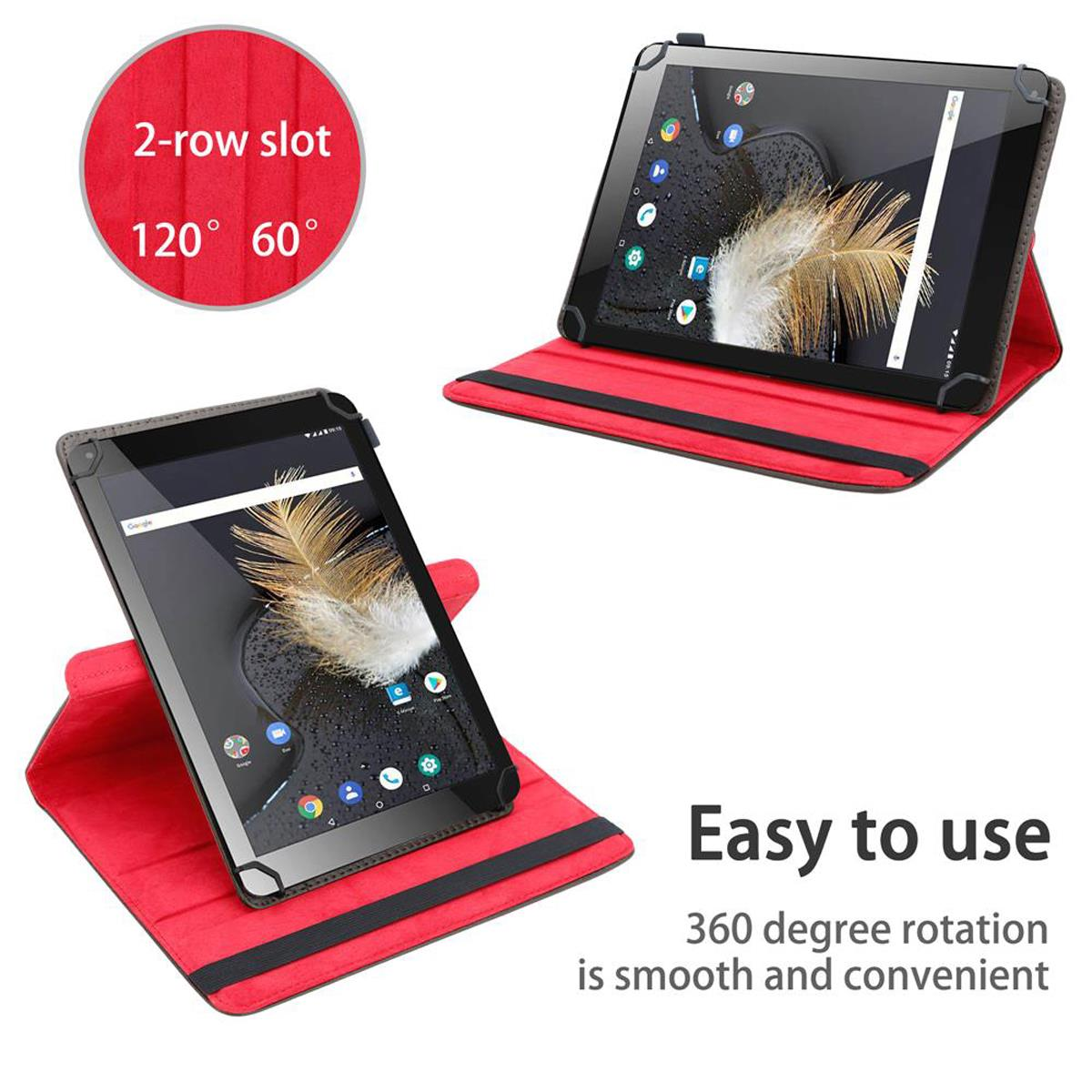 Zwei Tablets in roten Hüllen. Eines ist geöffnet und das andere schräg, wodurch der Bildschirm sichtbar ist.