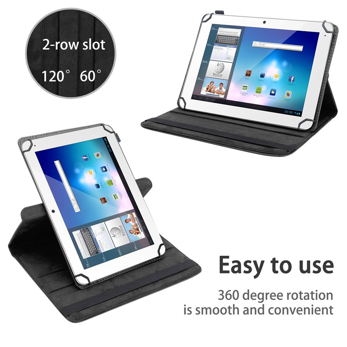 Zwei Tablets in Hüllen, eines offen, eines geschlossen, die die benutzerfreundliche Drehfunktion hervorheben.