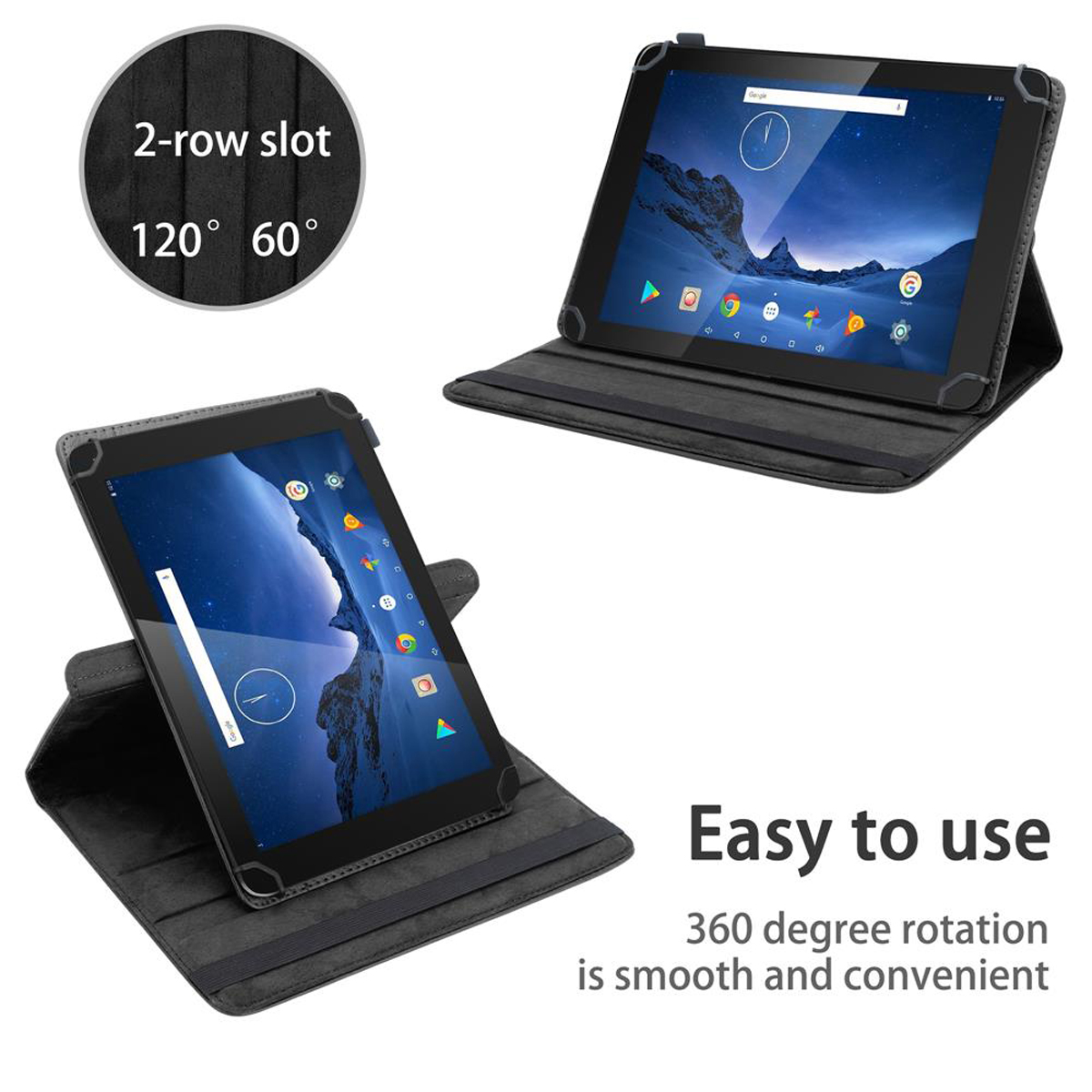 Tablets in grauem Case, Tablet im Gebrauch. Text: Einfach zu bedienen.