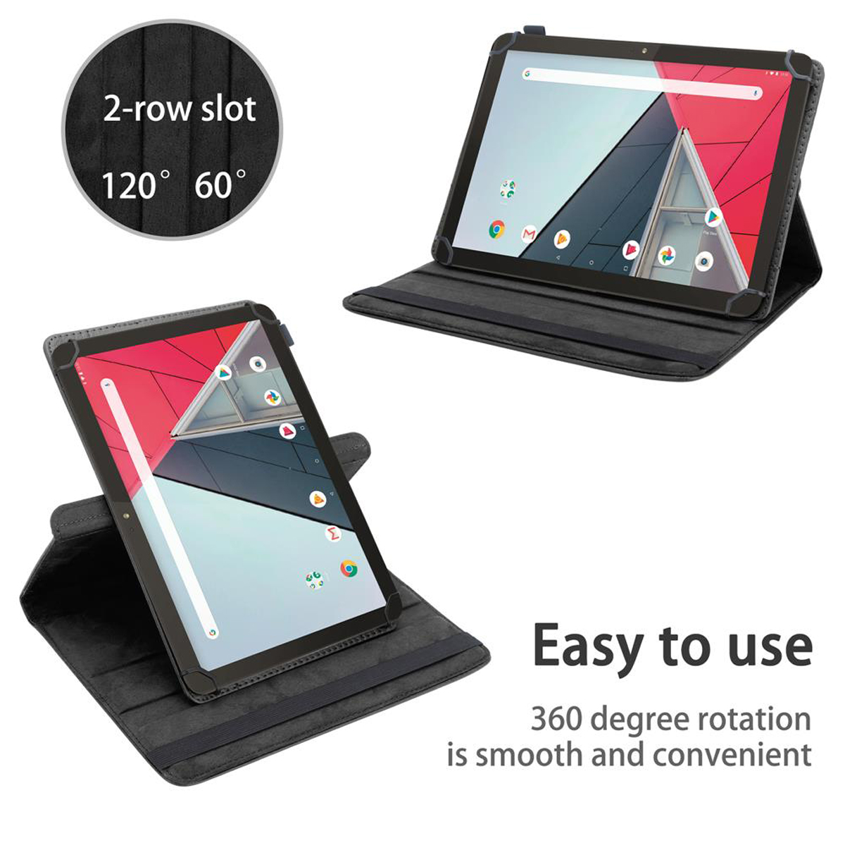 Tablet in einer Hülle, zeigt mehrere Ansichten und einen 2-reihigen Schlitz. Die Hülle ist schwarz.