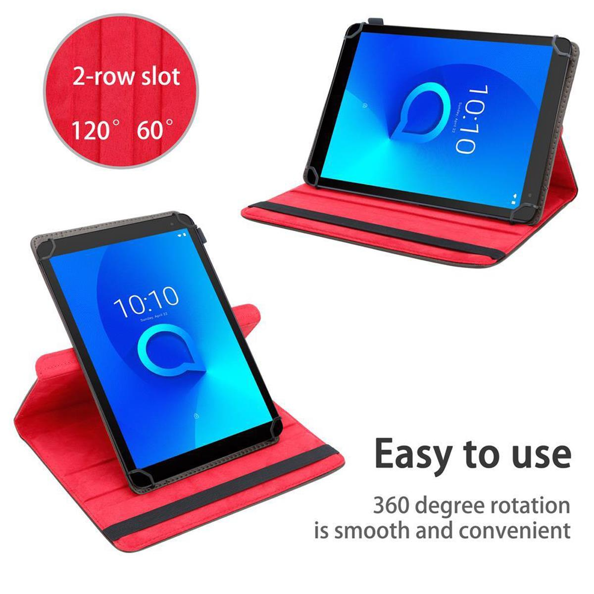 Zwei Tablets werden in roten Hüllen gezeigt. Beide haben einen Tablettbildschirm, der einen Kajakfahrer auf einem See zeigt.