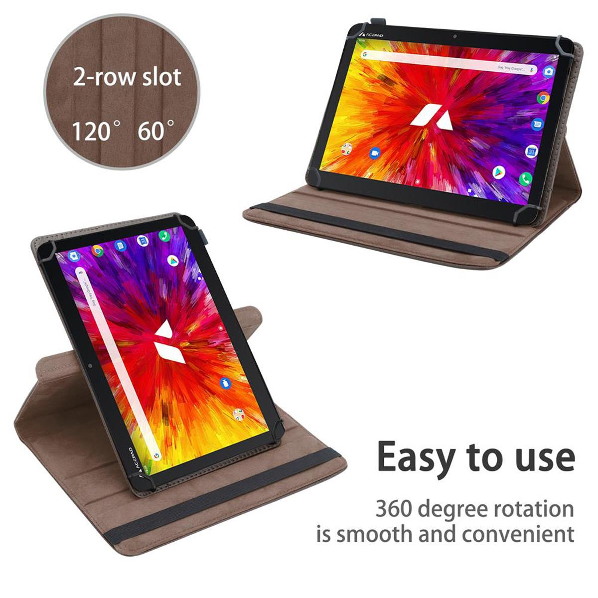 Tablets in braunen Hüllen, eine offen, eine geschlossen, mit Text zur Benutzerfreundlichkeit.