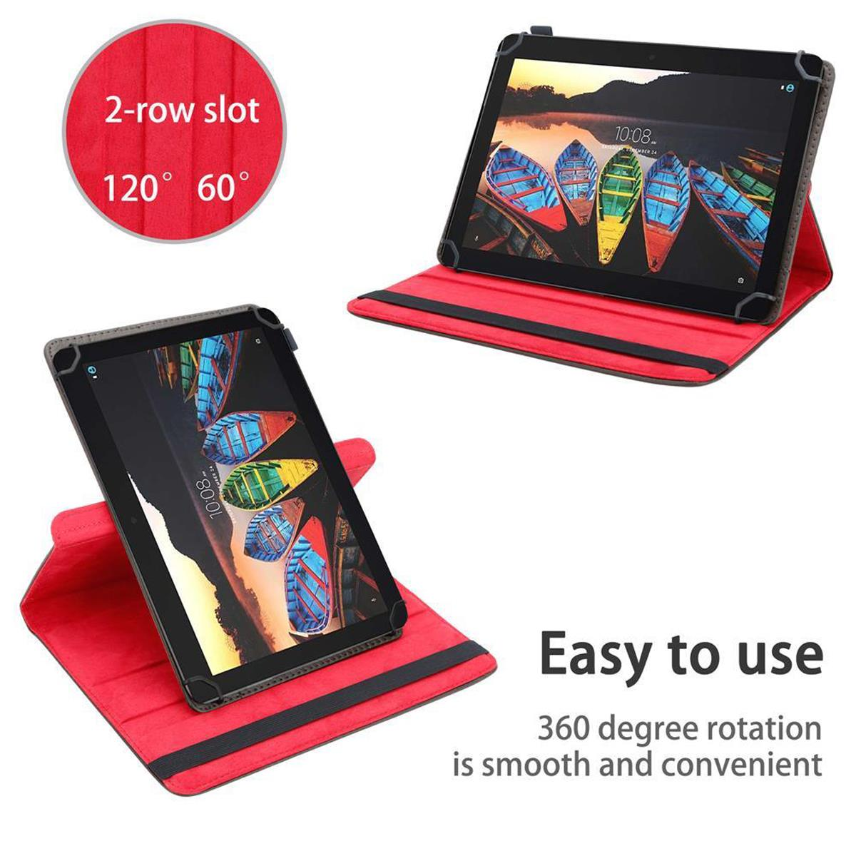 Tablet in roter Hülle, gedreht. Text sagt 'Einfach zu bedienen' und '360-Grad-Drehung'.