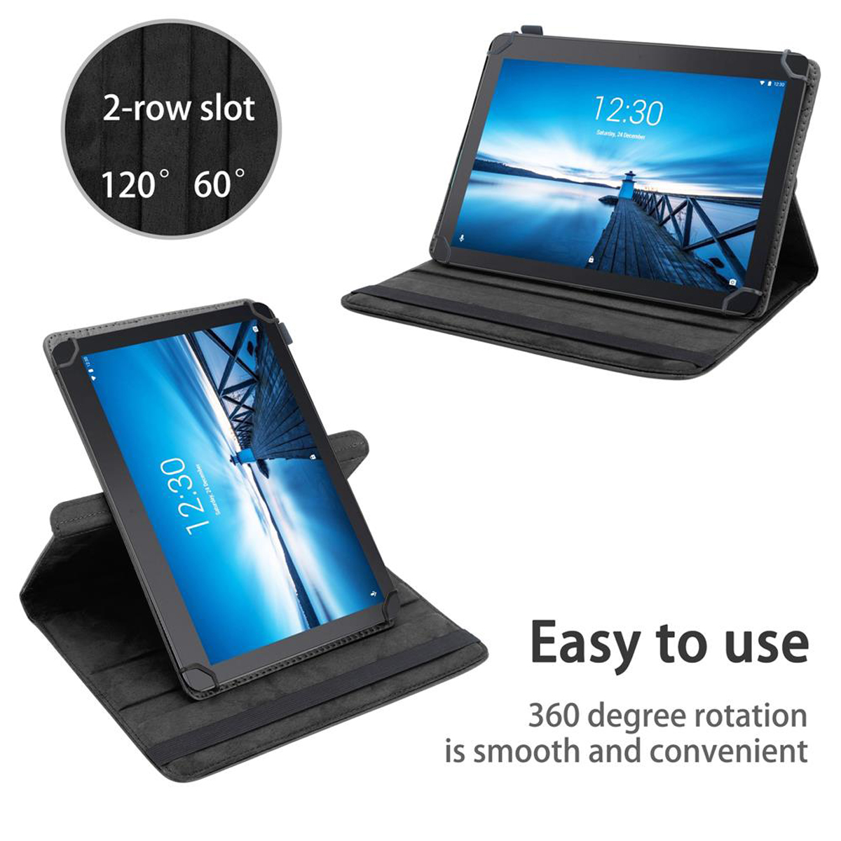 Zwei Tablets in einem schwarzen Gehäuse. Die Tablets zeigen die Zeit an. Das Gehäuse ist schwarz.