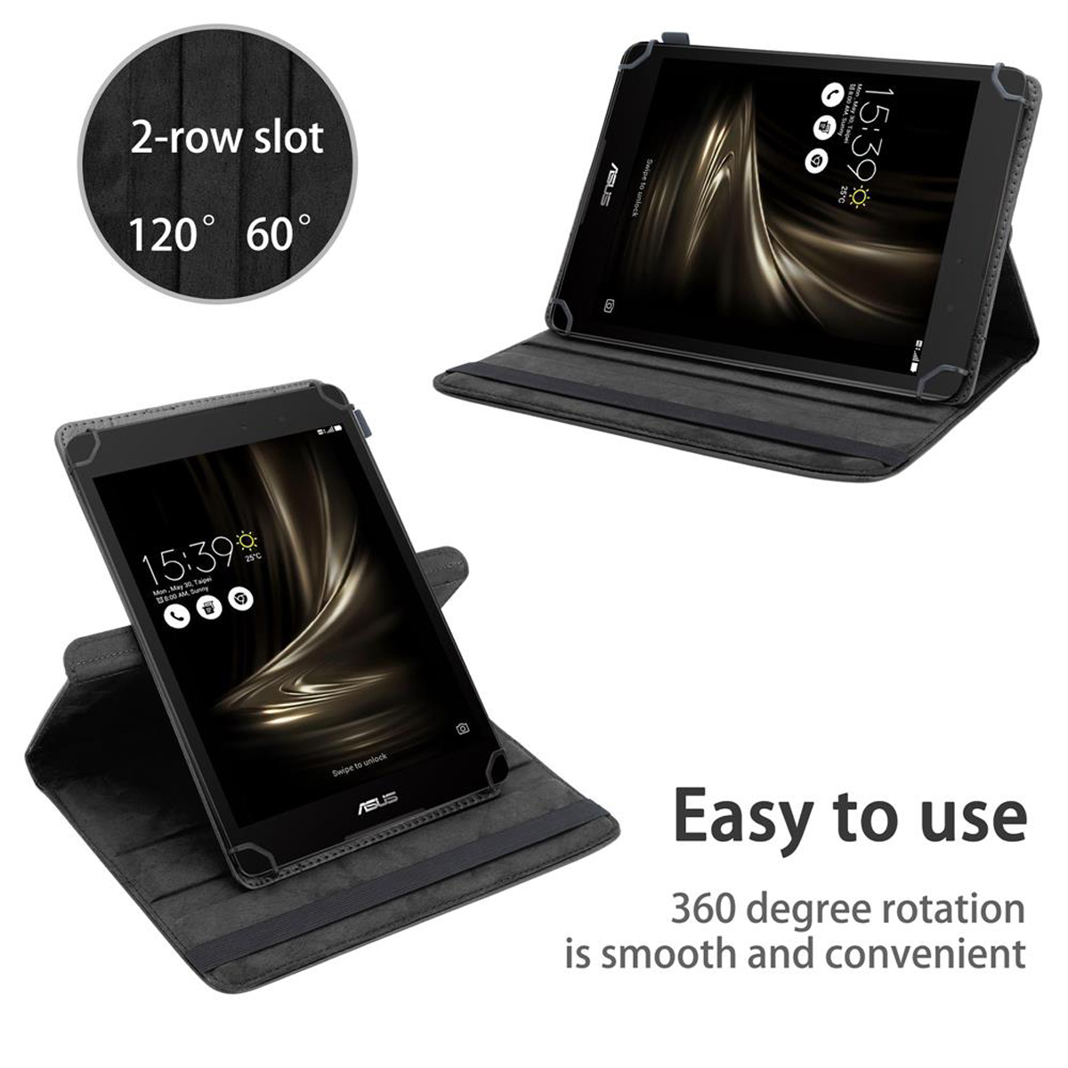Tablets in einem schwarzen Etui. Auf dem Bildschirm werden Zeit und Wetter angezeigt.