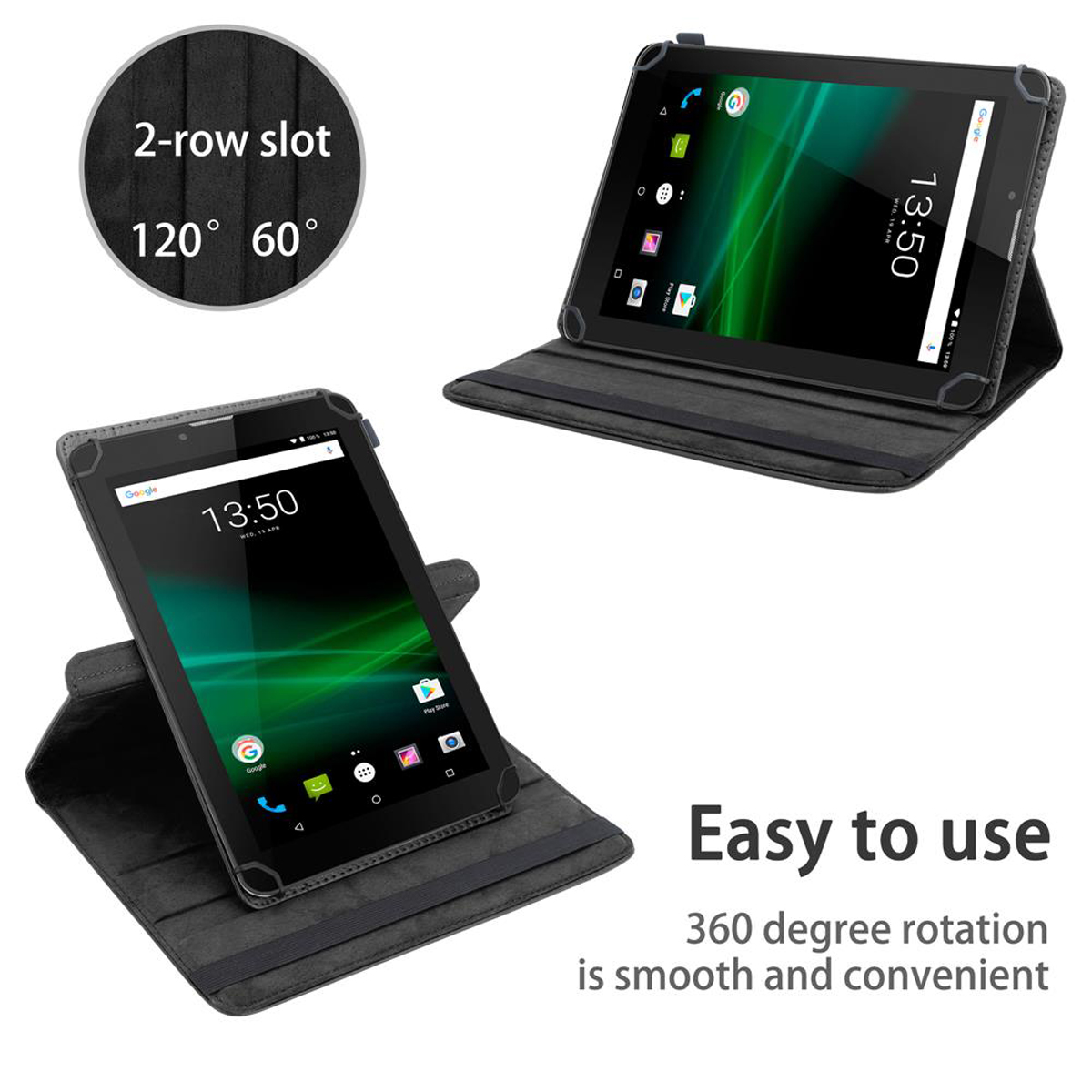 Tablet in dunkelgrauer Hülle, Bildschirm sichtbar, Text 'Easy to use' wird angezeigt.
