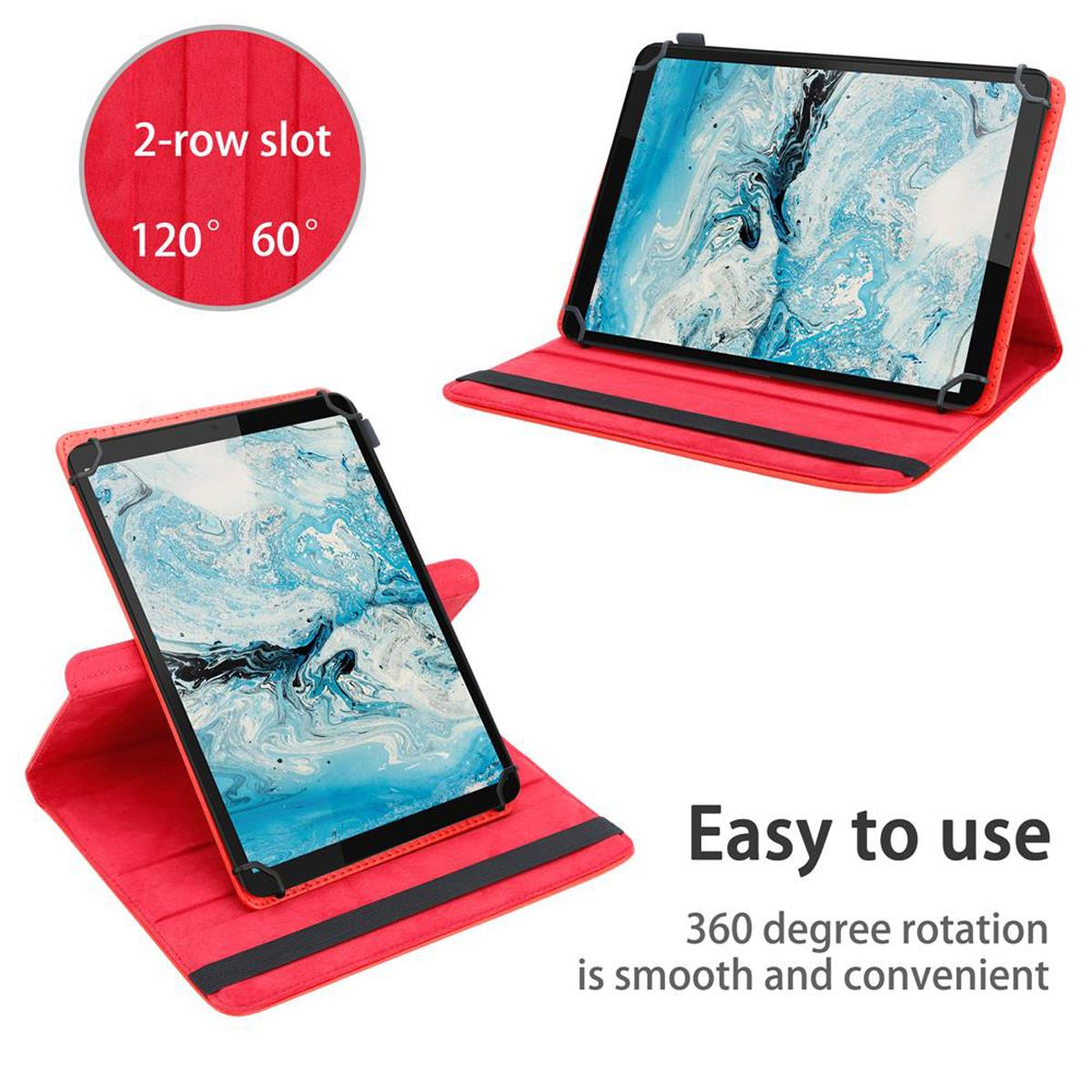 Tablet in rotem Gehäuse, in zwei Positionen gezeigt. Mit rundem Etikett.