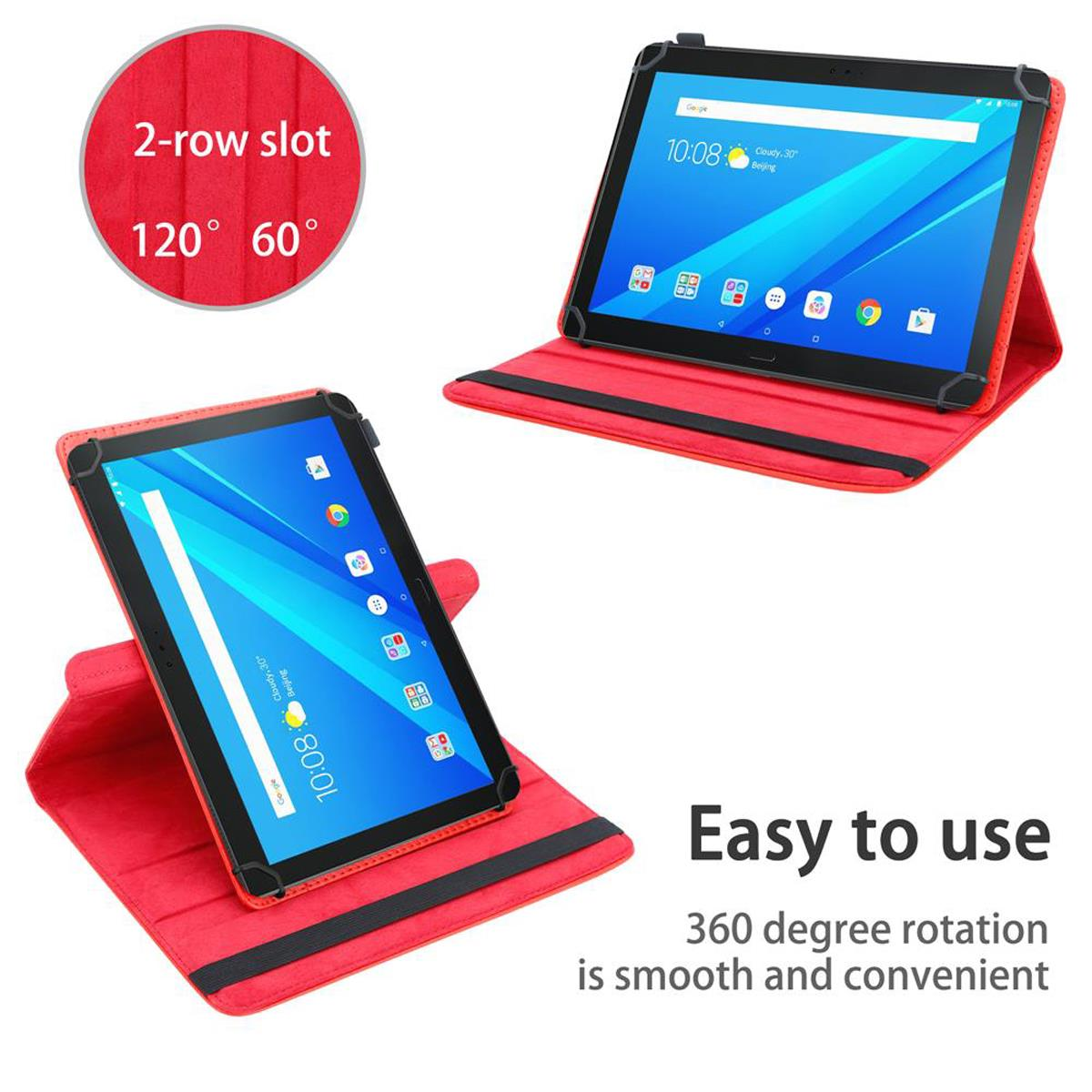 Eine rote Tablet-Hülle mit einem Tablet darin. Die Hülle kann gedreht werden. Das Display zeigt die Uhrzeit an.