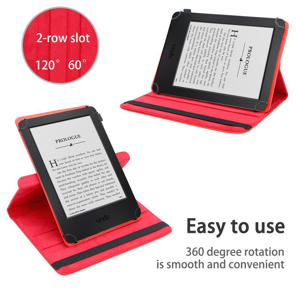 Lector de libros electrónicos Kindle en estuche rojo, abierto y cerrado, con texto y etiqueta.